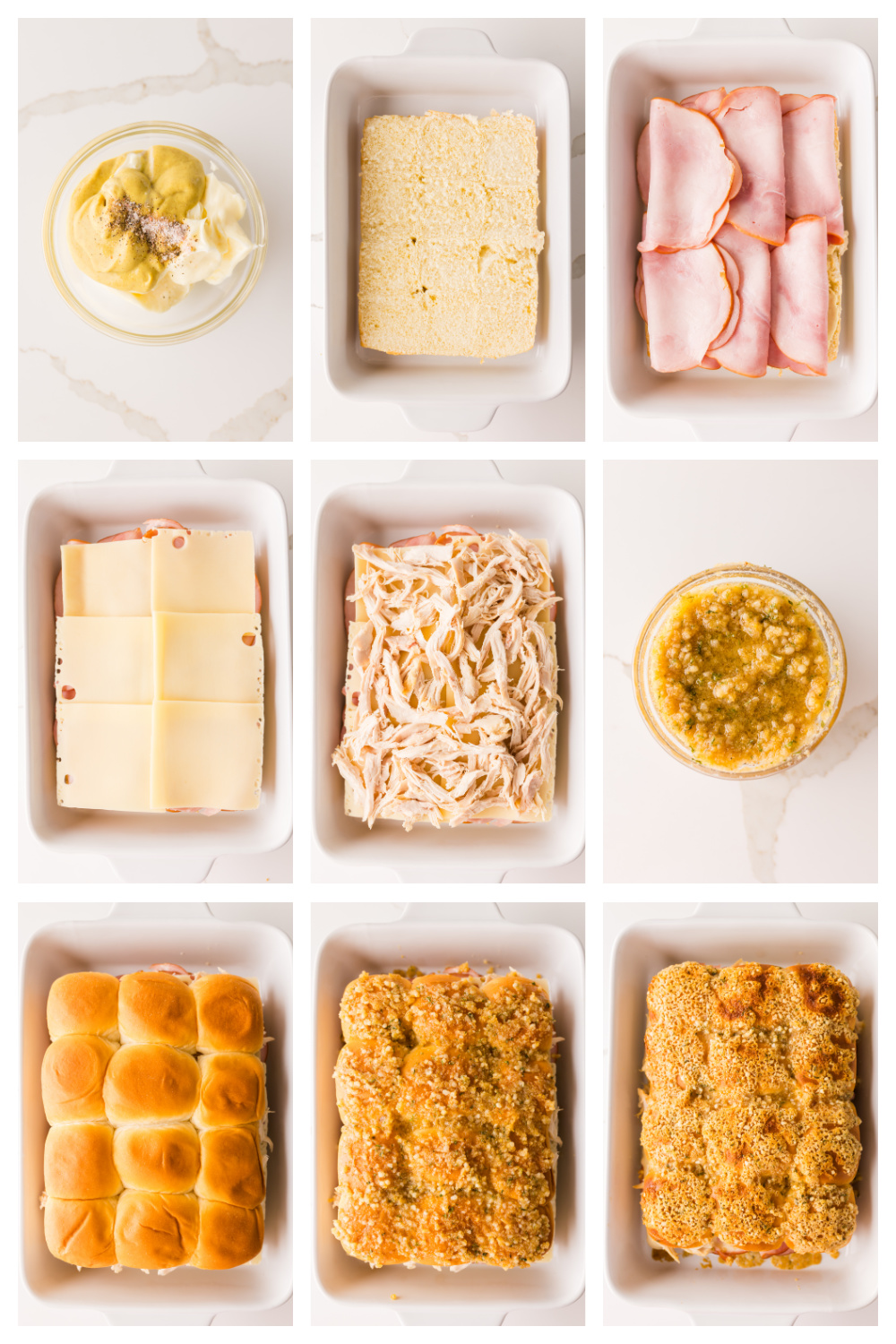 Assembling sliders with mustard spread, layered ham and Swiss cheese, shredded chicken, and garlic panko topping before baking