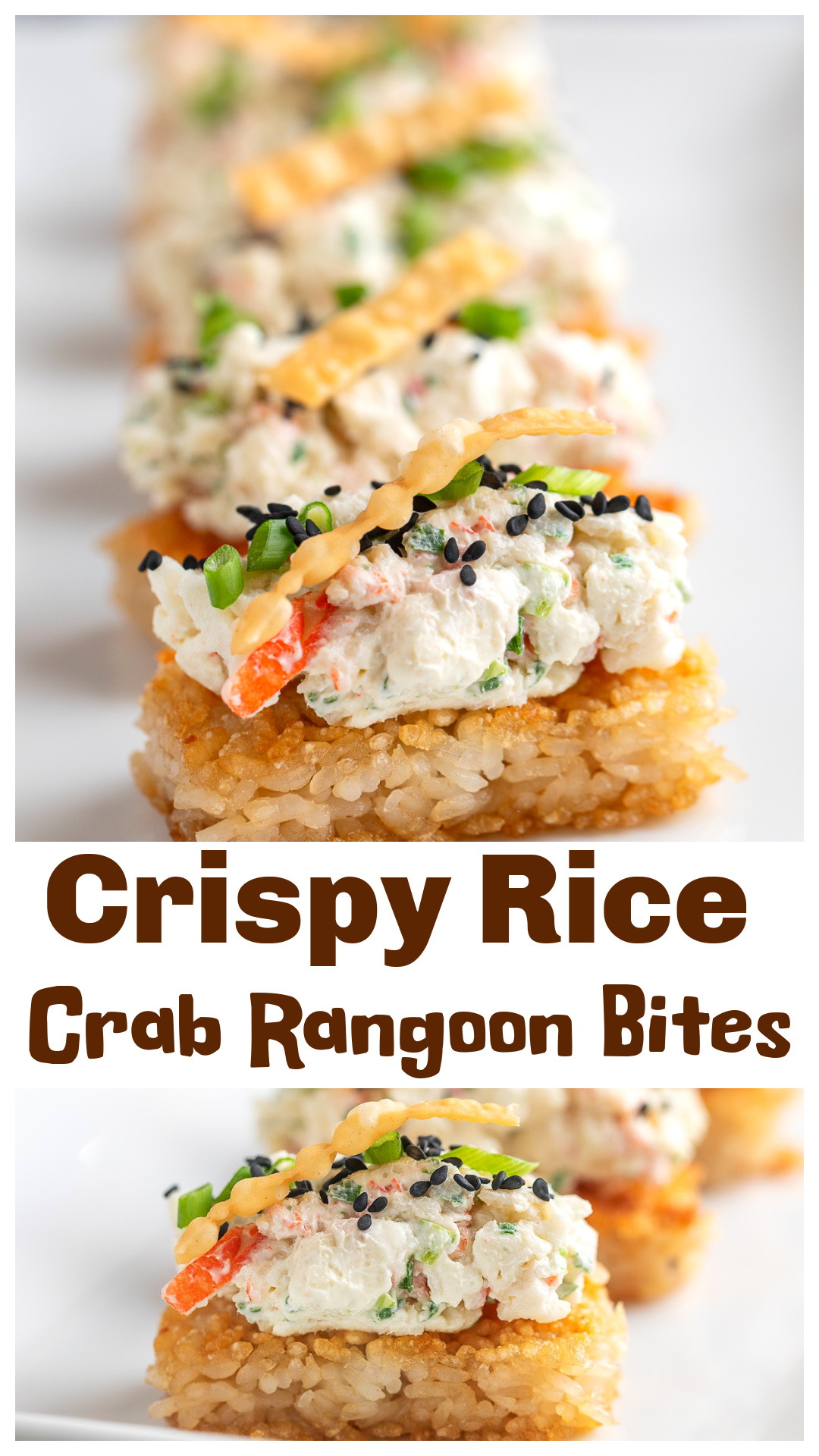 Crispy Rice Crab Rangoon Bites use the viral crispy rice technique as a base for a classic crab rangoon topping. Sushi rice is pressed, chilled, and pan fried until golden, then topped with a smooth crab and cream cheese mixture and finished with crispy wonton strips for texture. It&rsquo;s all about the contrast between the crispy rice and creamy topping in each bite. via @cmpollak1