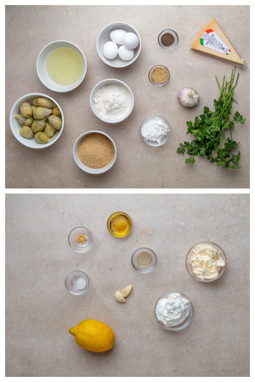 Ingredients for crispy fried artichoke hearts including canned artichokes, eggs, flour, breadcrumbs, Parmesan, and garlic