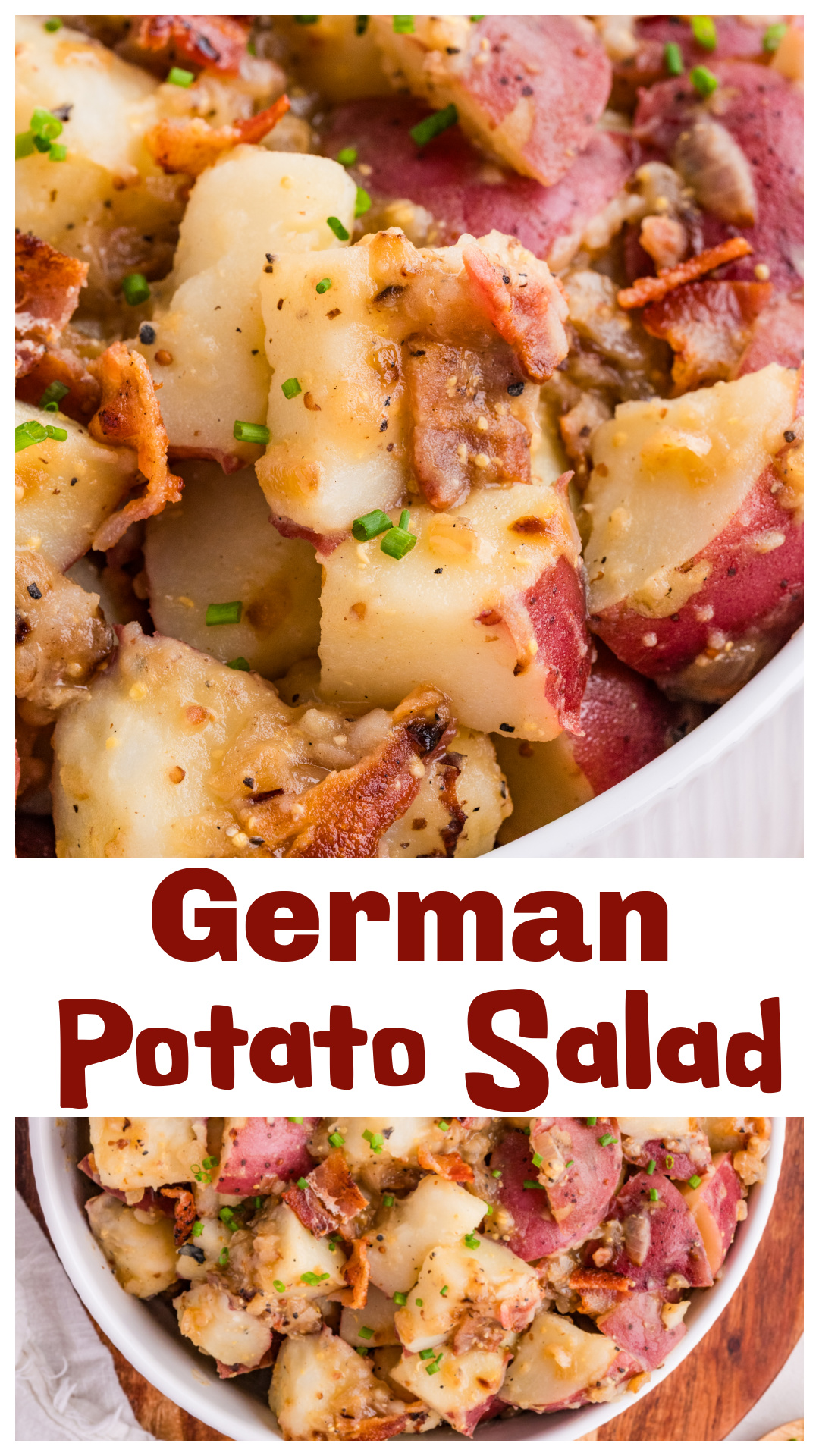 German potato salad with red potatoes, crispy bacon, and a warm vinegar dressing made with both whole grain and Dijon mustard. This no mayo potato salad works served warm or cold and pairs well with bratwurst, grilled pork, or any cookout spread. A mustard-based potato salad that brings more texture and flavor than the usual vinegar version. via @cmpollak1