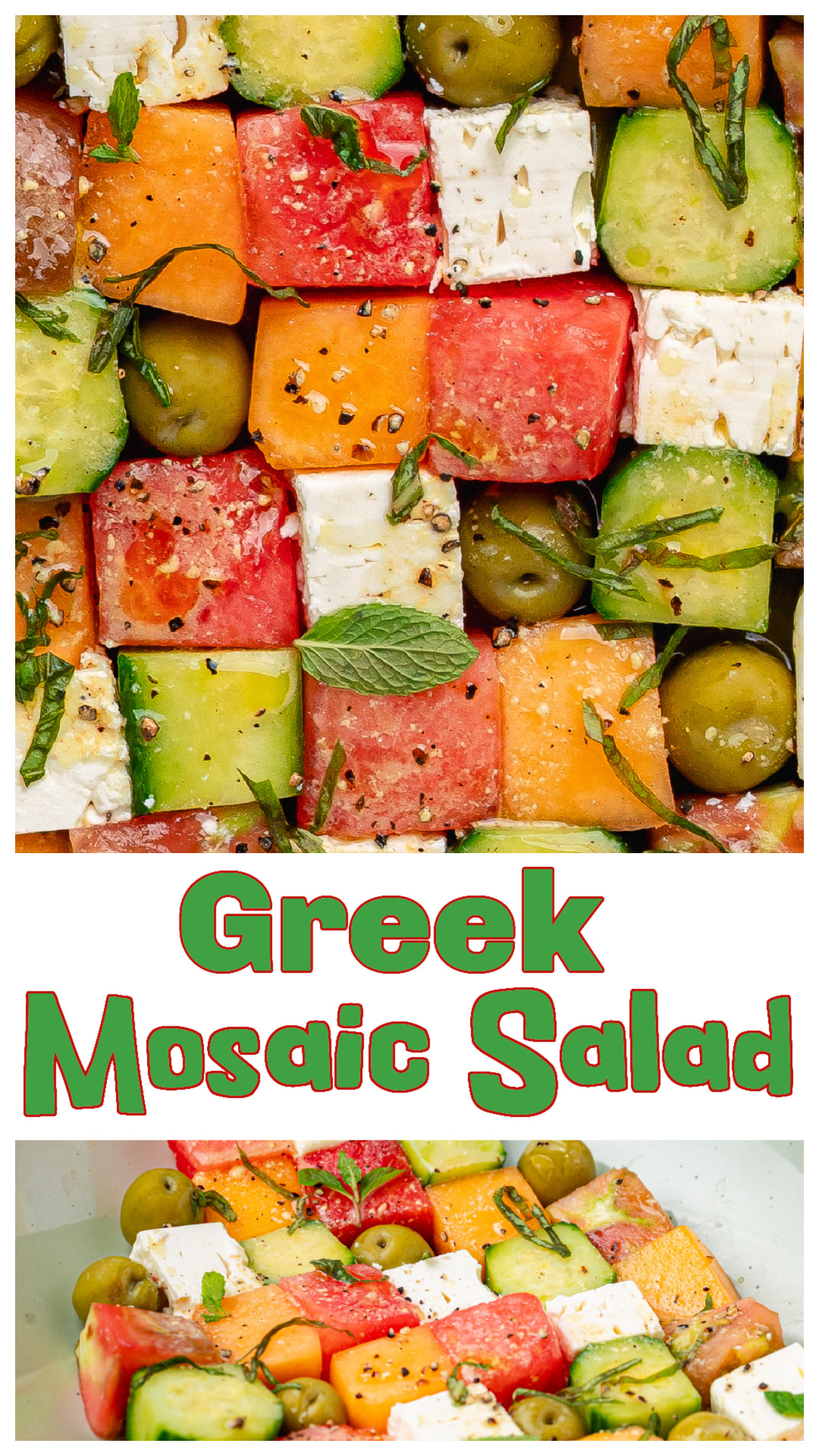 Greek mosaic salad with watermelon, feta, cucumber, and olives arranged piece by piece instead of tossed. This method keeps everything fresh and prevents the salad from turning watery. A light champagne vinaigrette brings it together without overpowering the ingredients. Perfect for summer meals, gatherings, or when you want a salad that looks as good as it tastes. via @cmpollak1