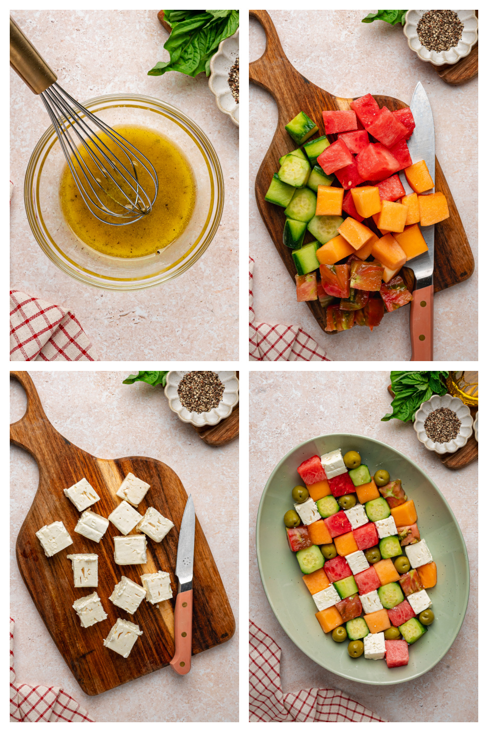 Greek mosaic salad process showing cutting watermelon, feta, cucumber, and arranging on a platter