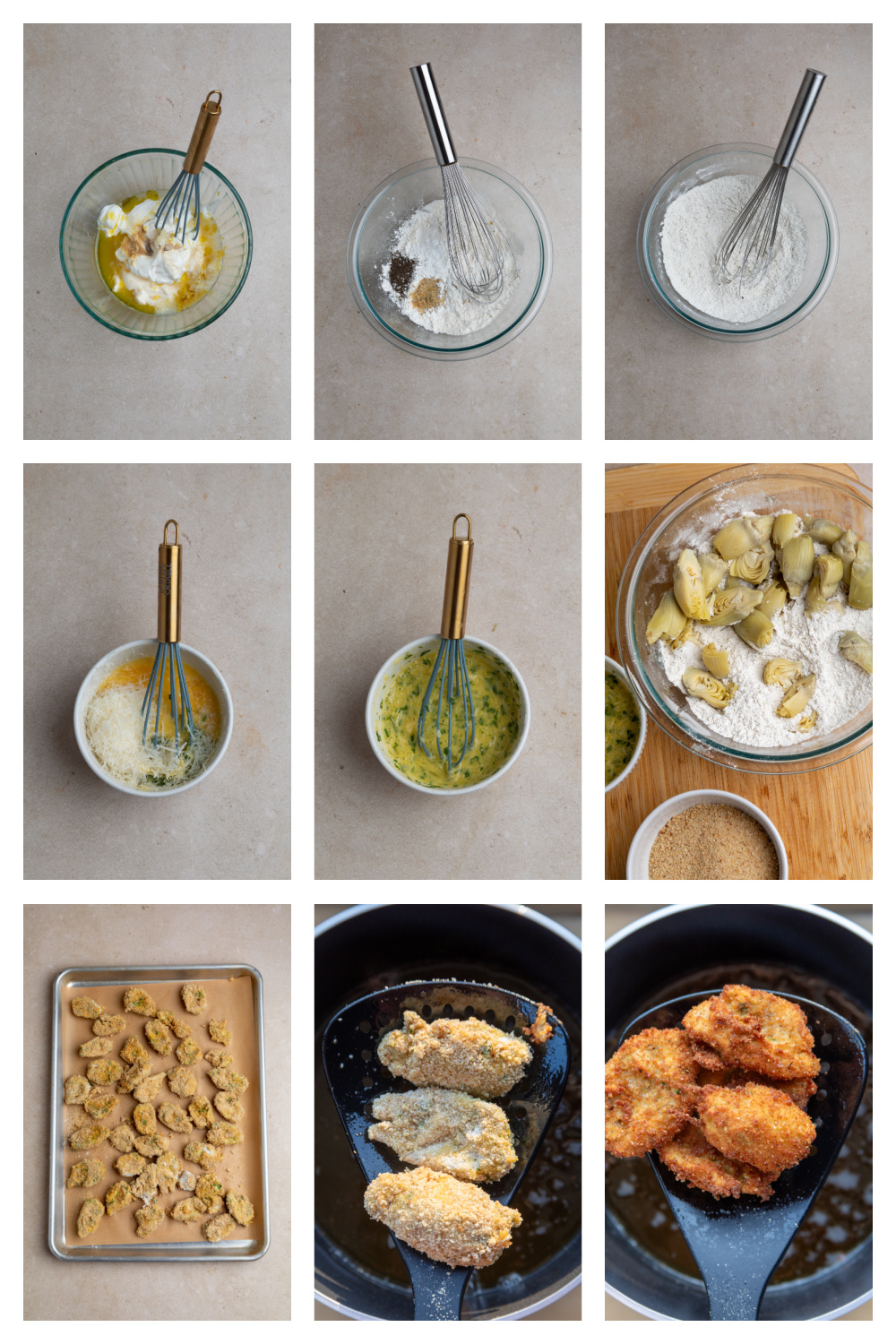 Steps for making crispy fried artichoke hearts showing dredging, egg coating, breadcrumb coating, and frying