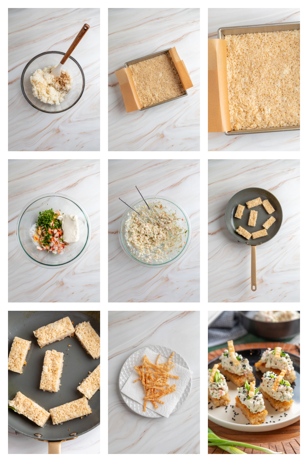 Crispy Rice Crab Rangoon Bites process collage showing pressing rice, cutting squares, frying, and assembling with crab topping