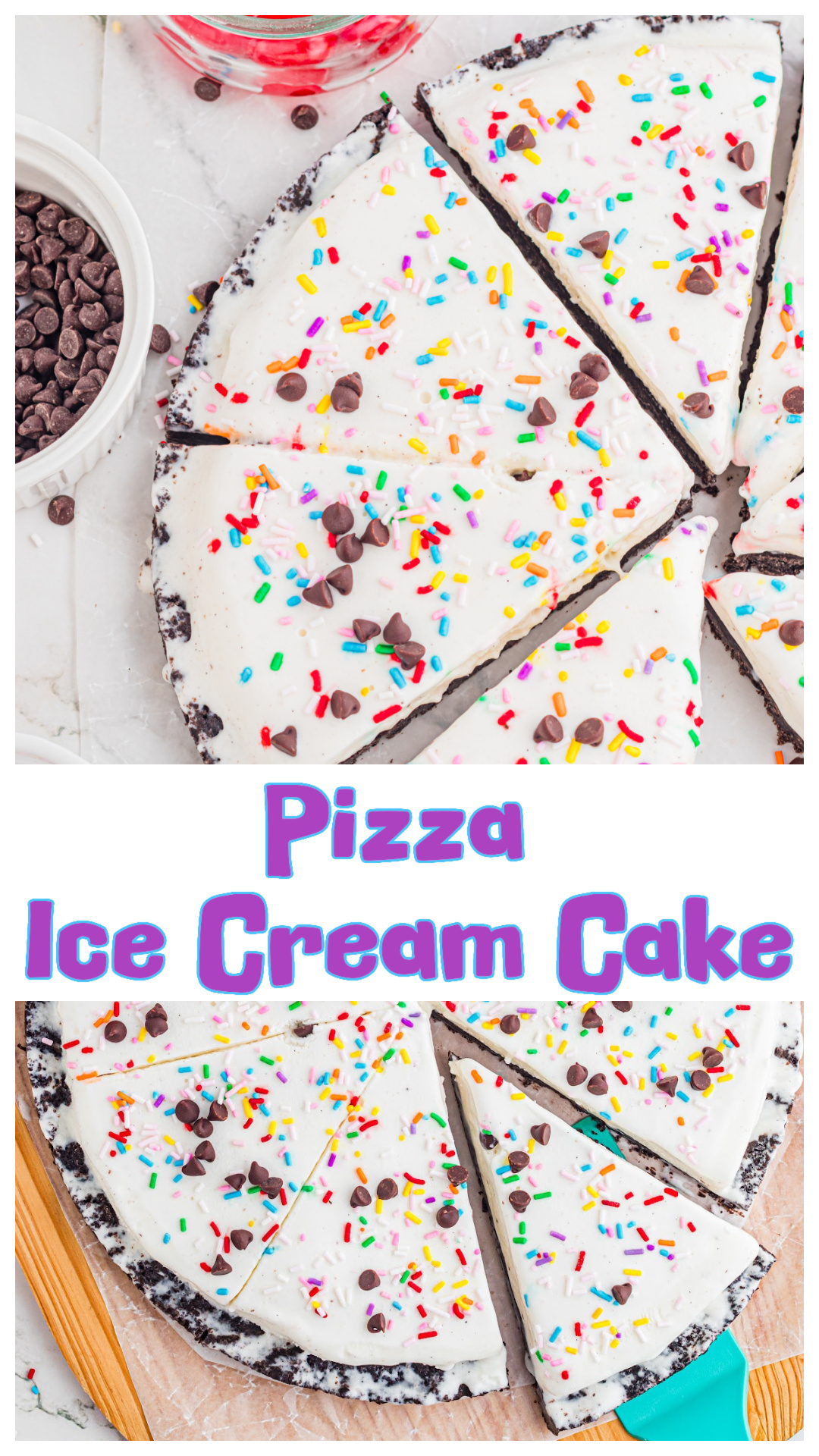 This ice cream pizza is a no bake dessert that works for birthdays, celebrations, and summer gatherings. It starts with an Oreo cookie crust, gets layered with softened ice cream, then finished with sprinkles, chocolate chips, and whatever toppings you want. Slice it like a pizza and serve right away. A simple, budget friendly alternative to traditional ice cream cake that is easy to customize for any party. via @cmpollak1