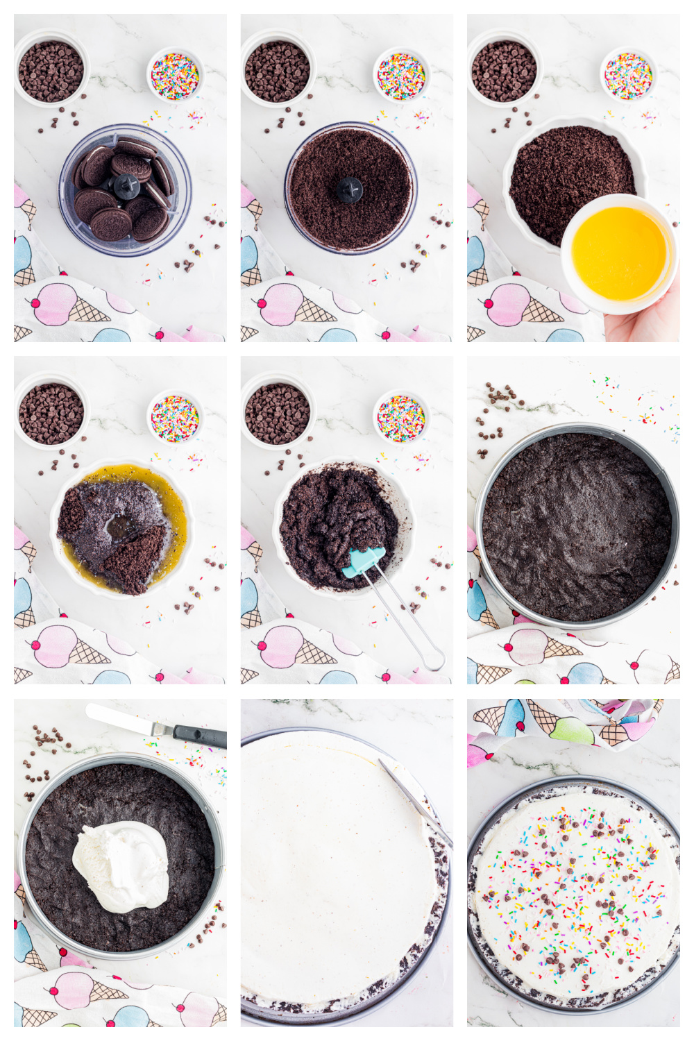 steps for making ice cream pizza including Oreo crust, spreading ice cream, freezing, and adding toppings