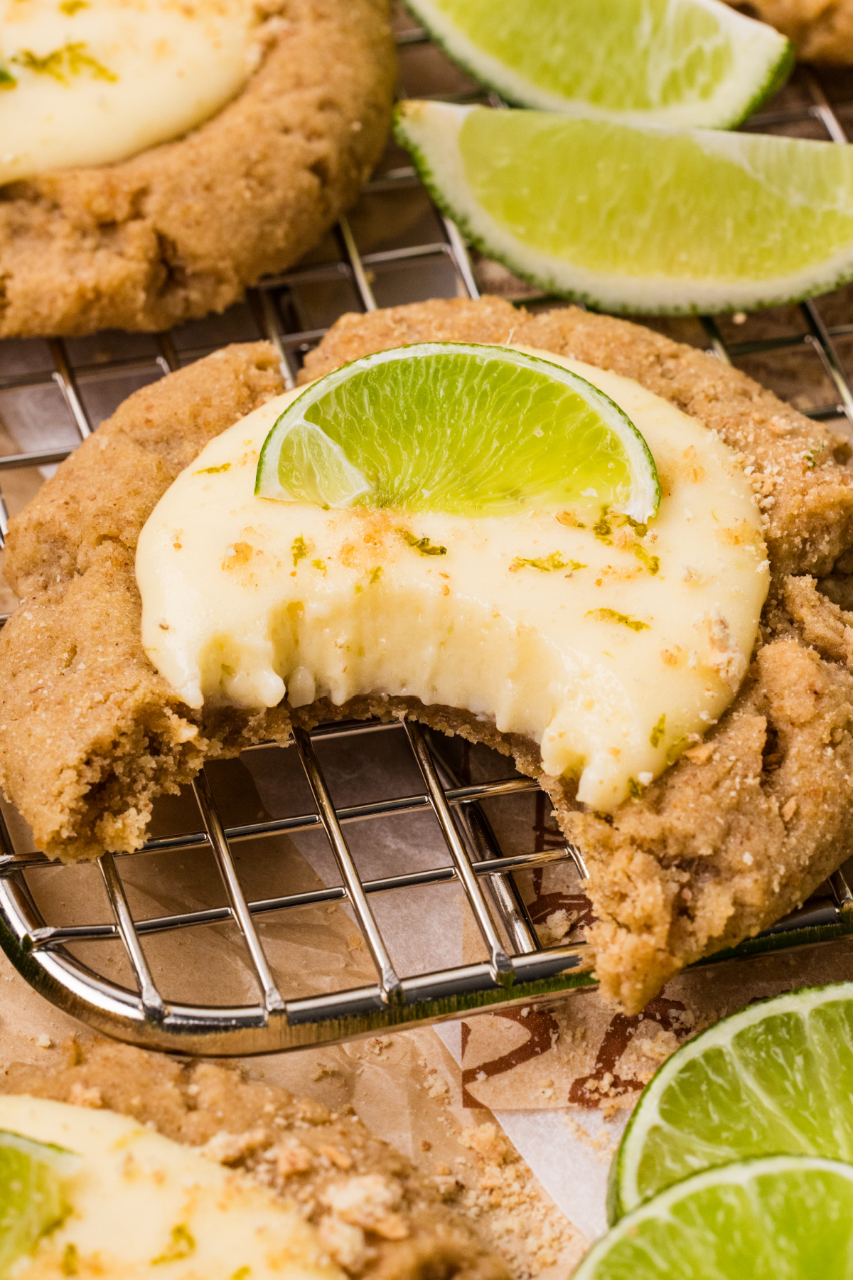 key lime pie cookies with creamy lime curd center and graham cracker cookie base close-up