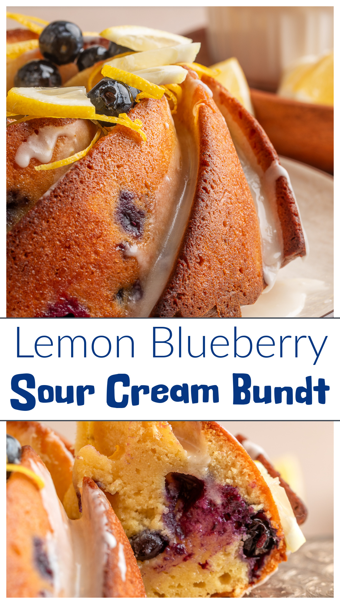 Lemon Blueberry Sour Cream Bundt Cake with lemon baked into the batter, not just the glaze, and blueberries layered so they don&rsquo;t all sink to the bottom. Made with sour cream, oil, and lemon pudding mix for a cake that stays soft after baking. Finished with a simple lemon glaze and fresh berries, this works for brunch, dessert, or anytime you want something that tastes like lemon. via @cmpollak1