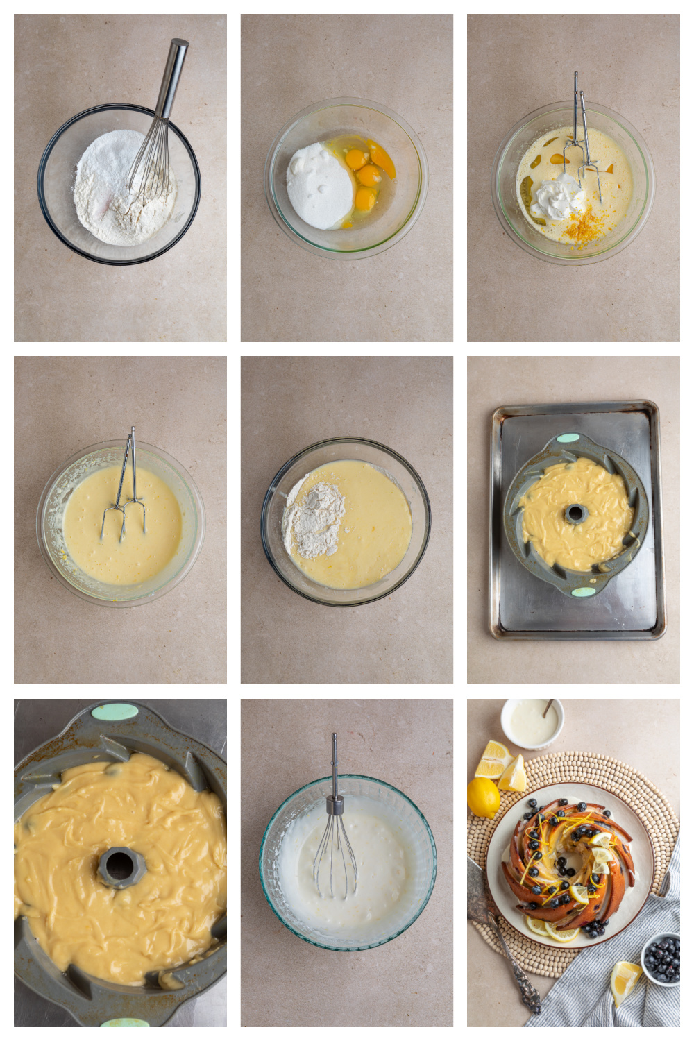 steps for making lemon blueberry bundt cake showing batter mixing, layering blueberries, and filling a bundt pan