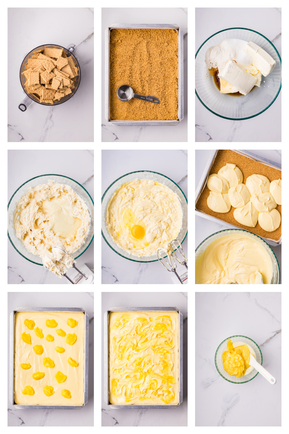 steps for making lemon cheesecake bars including crust preparation cheesecake batter and lemon curd swirl