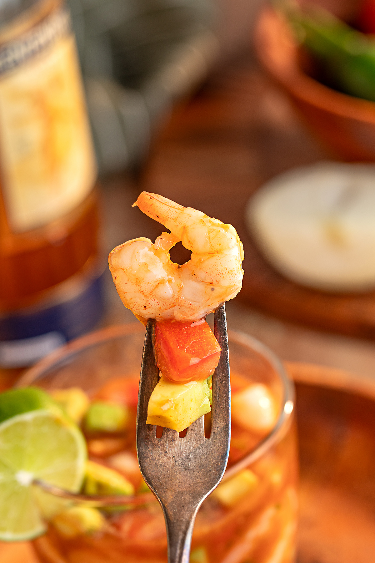 mexican shrimp cocktail bite on fork