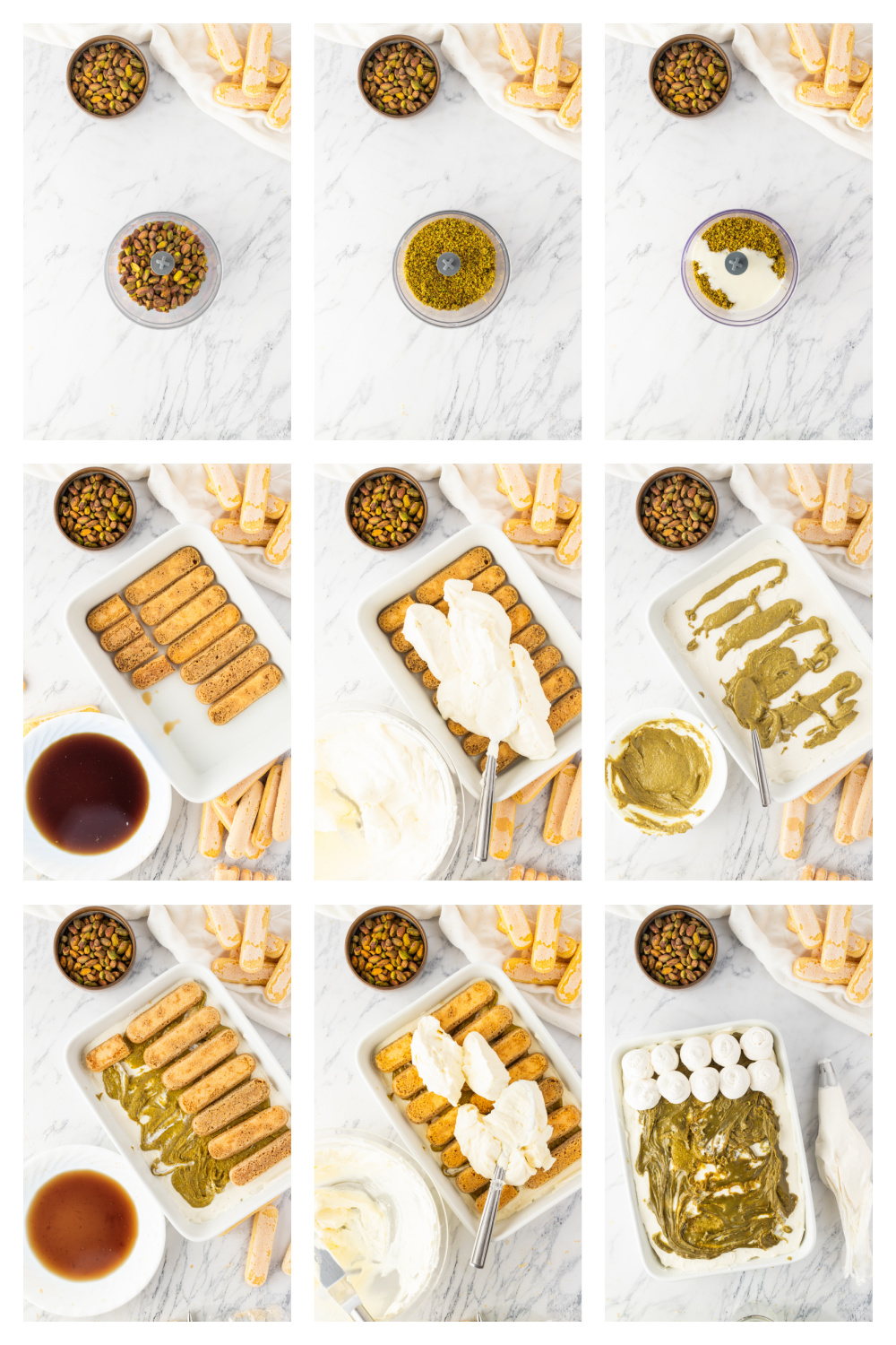 steps for making pistachio tiramisu showing pistachio cream coffee soaked ladyfingers and layered mascarpone filling