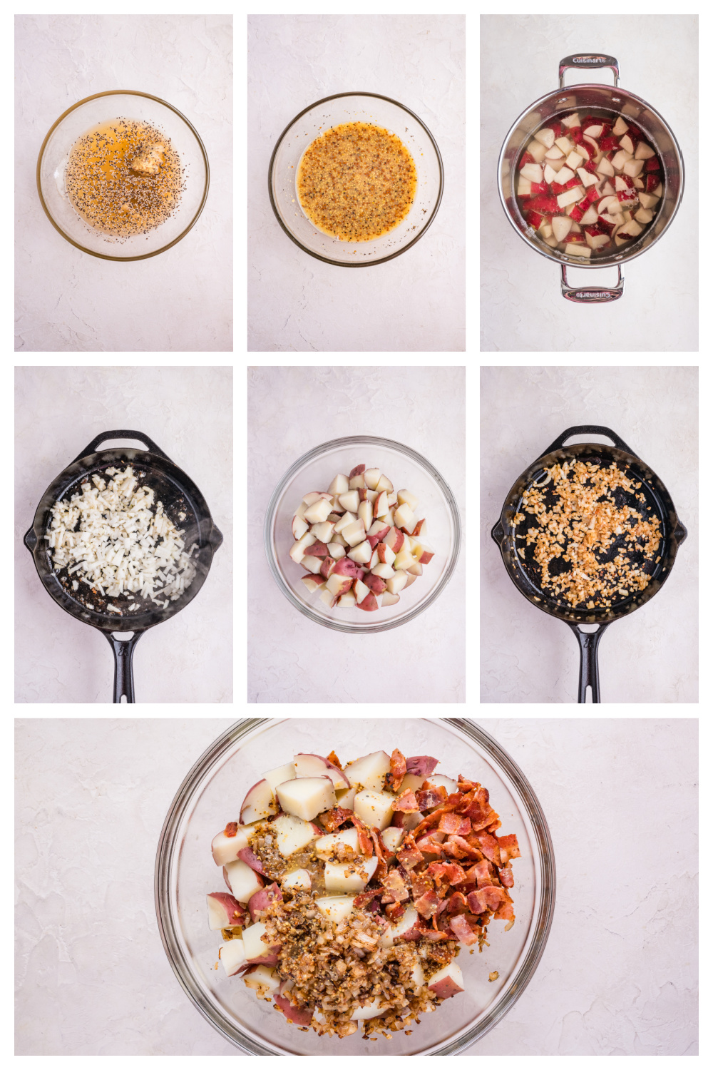 process collage showing boiling potatoes, cooking bacon, saut&eacute;ing onions, whisking mustard dressing, and tossing everything together