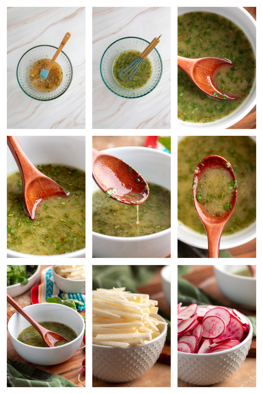 radish and jicama salad step by step process showing slicing, mixing, and dressing