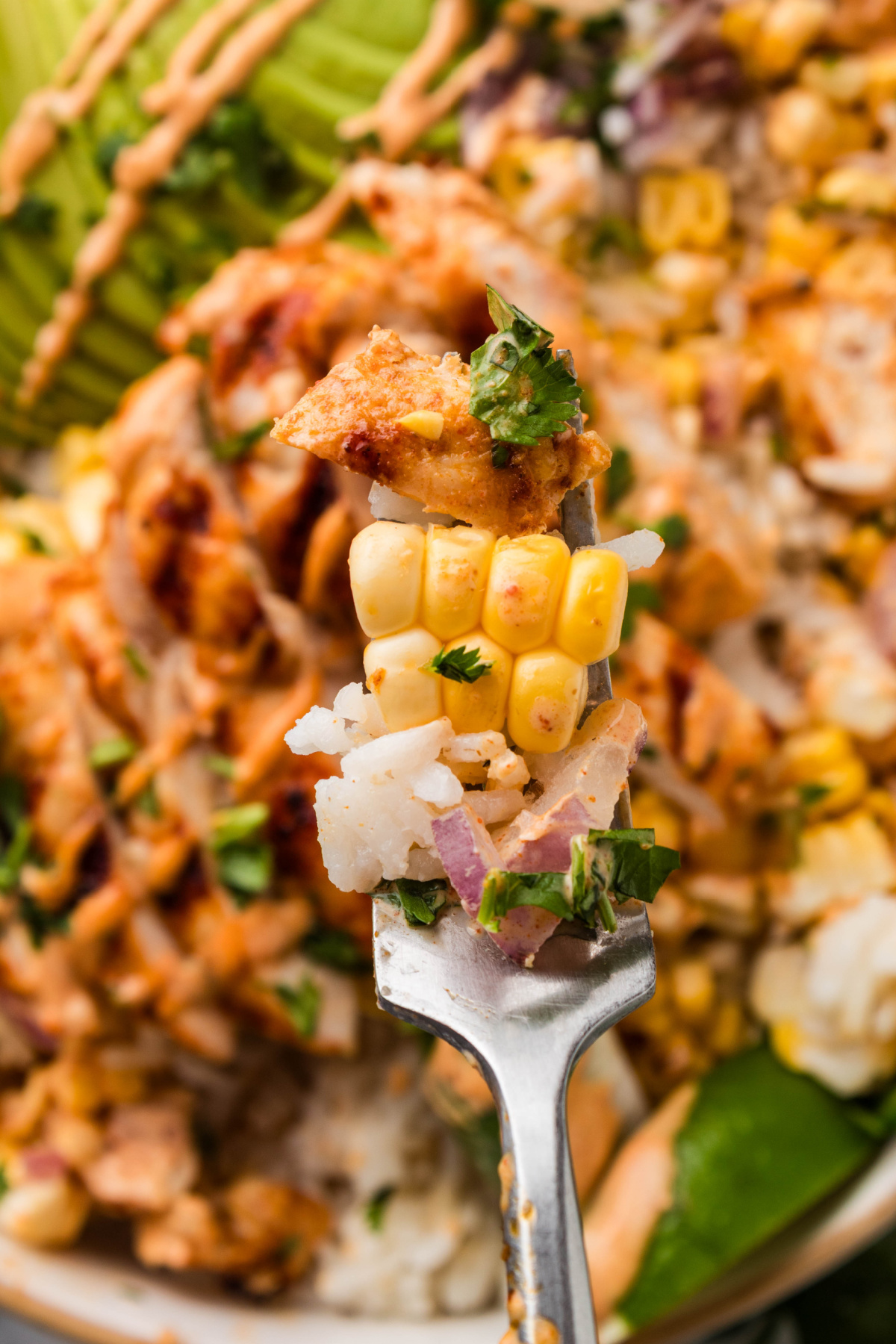 forkful of street corn chicken rice bowls with grilled chicken, charred corn, rice, and creamy elote-style sauce