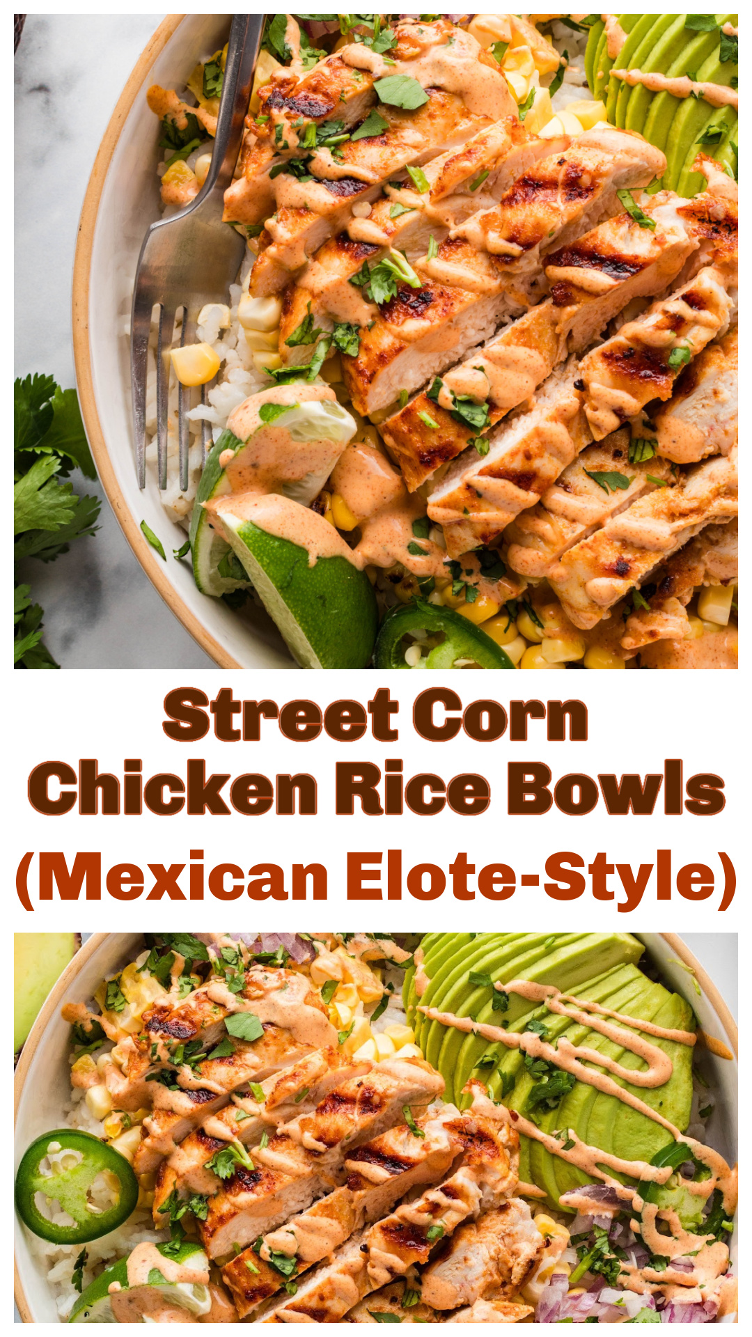 Street corn chicken rice bowls with grilled chicken, charred corn, and a creamy Mexican elote-style sauce over rice. Perfect for Cinco de Mayo or any weeknight dinner, these bowls are easy to make and easy to customize. Add avocado, jalape&ntilde;os, cotija, pico de gallo, or black beans to build it your way. Great for meal prep, casual gatherings, or a fast dinner that still feels complete and full of flavor. via @cmpollak1