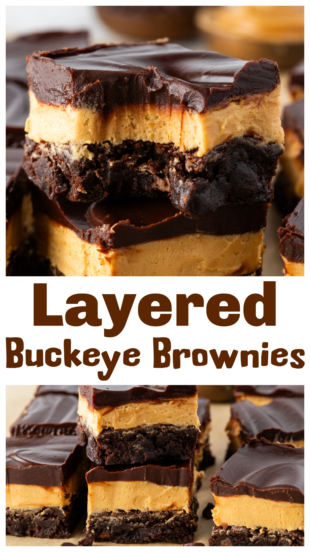 These layered Buckeye brownies are stacked with a thick peanut butter filling, fudgy brownie base, and smooth chocolate ganache topping. Inspired by classic Ohio Buckeye candies, they&rsquo;re rich, cold, chocolatey, and made for people who think most peanut butter brownies don&rsquo;t go far enough. Perfect for holiday trays, parties, game days, or sneaking small squares straight from the fridge late at night. A true chocolate peanut butter dessert with serious Buckeye candy energy. via @cmpollak1