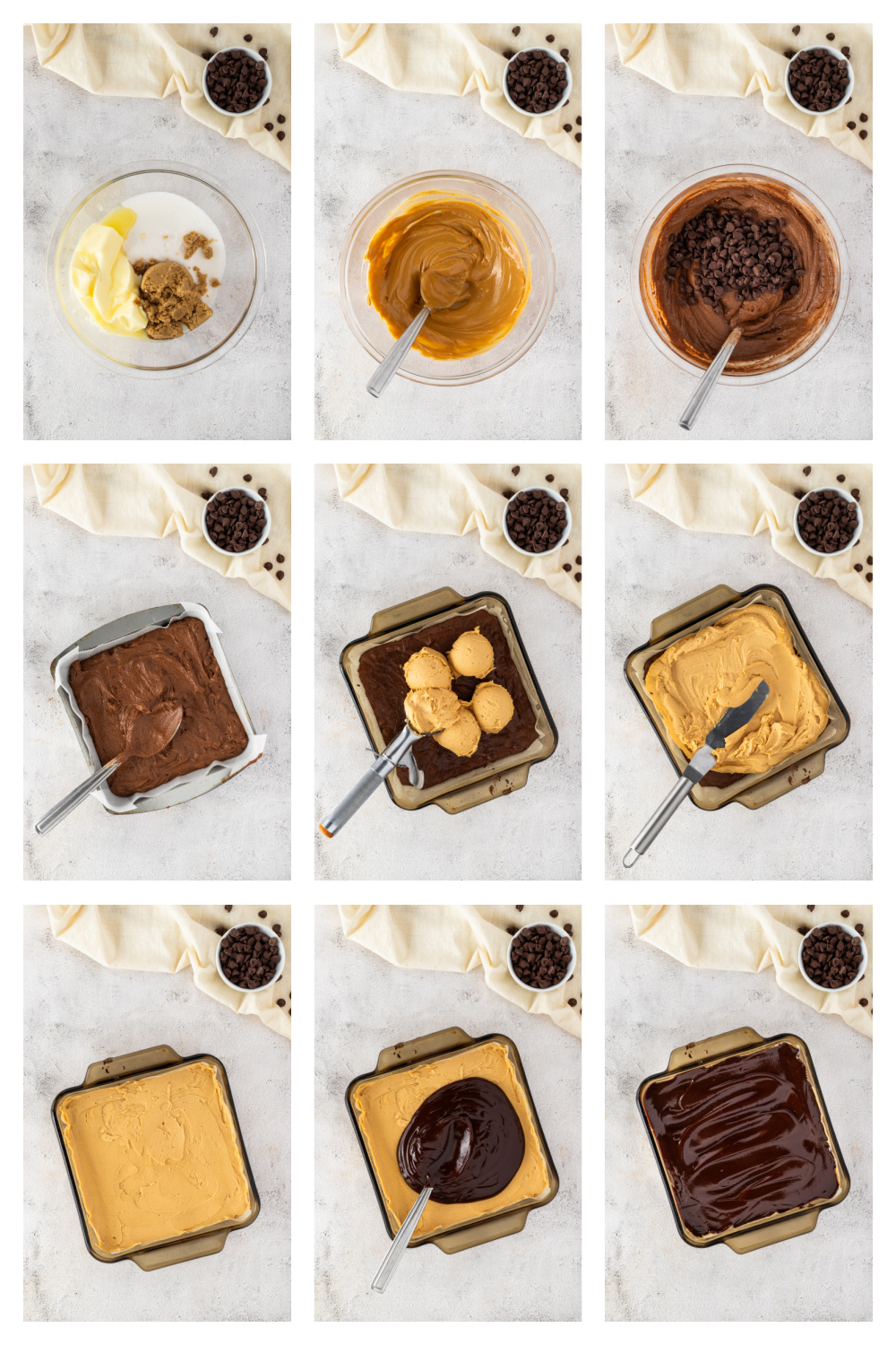 Process collage showing brownie batter, peanut butter filling, and chocolate ganache for Buckeye brownies