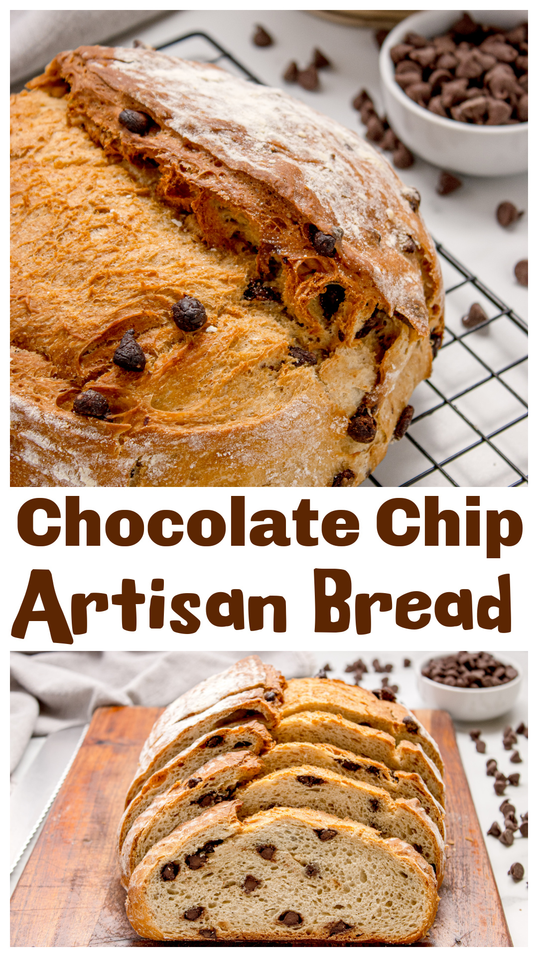Chocolate Chip Artisan Bread is a crusty Dutch oven loaf made with a kneaded dough and baked hot for a firm, golden crust. Chocolate chips are mixed in from the start, giving you soft pockets throughout without turning it into a sweet, cake-like bread. This is a real bread dough that gets shaped, rises twice, and bakes up with texture and contrast. Great for slicing, toasting, or something a little different from your usual artisan loaf. via @cmpollak1
