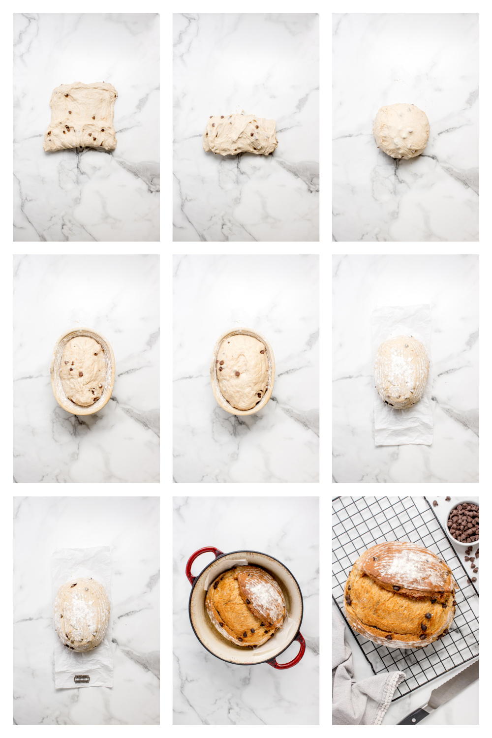 Chocolate Chip Artisan Bread process collage showing dough after first rise, shaping, and scoring before baking