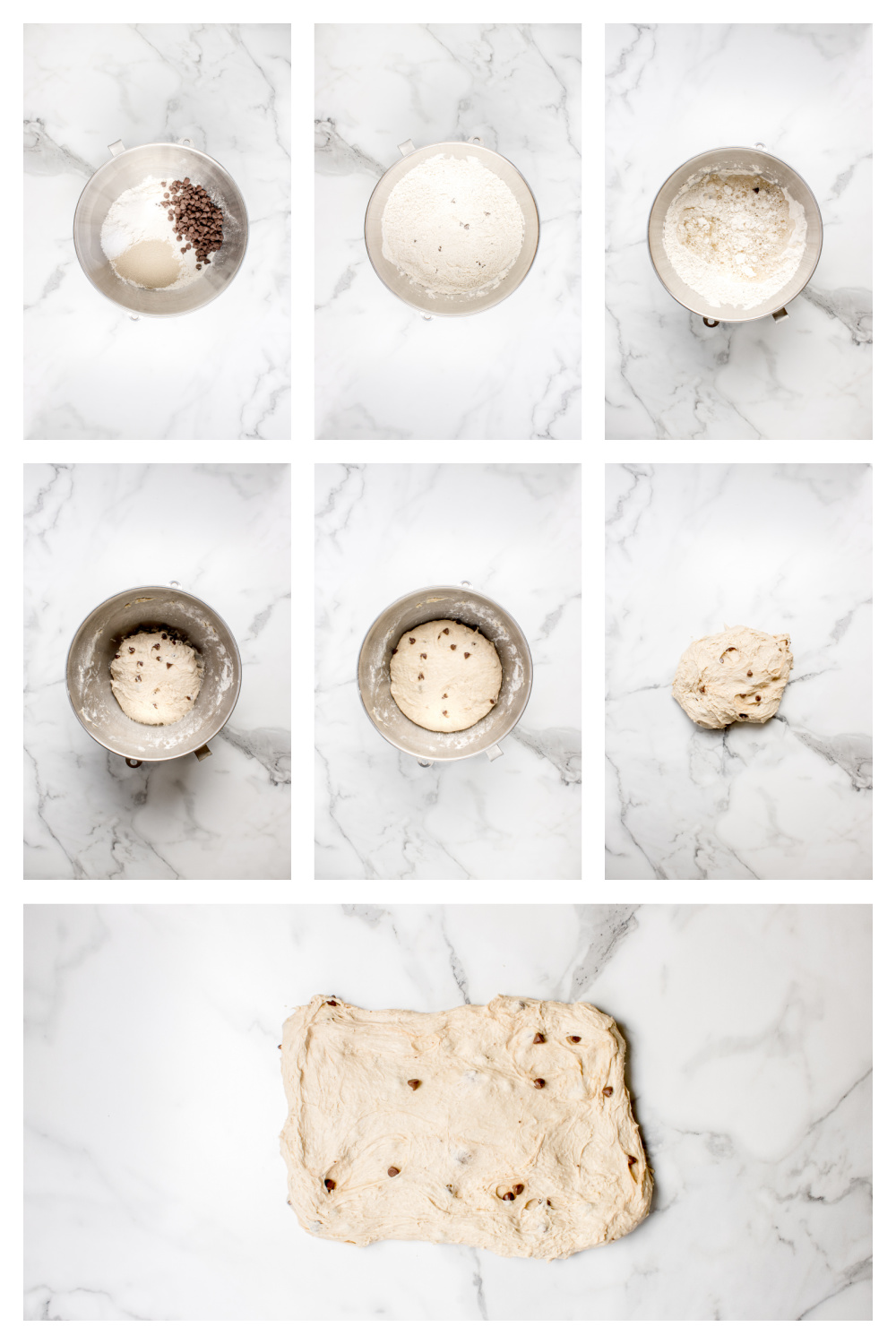Chocolate Chip Artisan Bread process showing mixing, shaping, and dough ready to bake