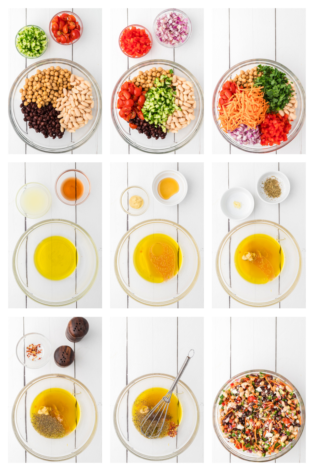Step-by-step dense bean salad recipe collage showing the chopped vegetables, beans, dressing, and final tossed salad. Process collage showing dense bean salad recipe being mixed with beans, chopped vegetables, feta cheese, and lemon Dijon dressing