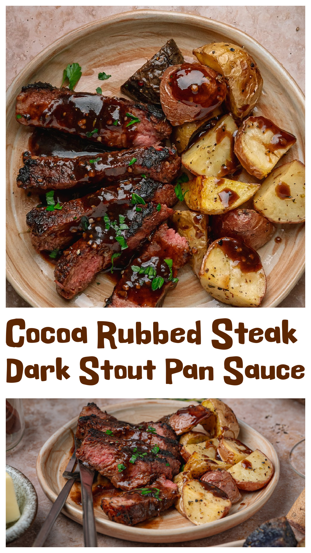 This cocoa rubbed steak with dark stout pan sauce starts with a savory cocoa spice rub that forms a dark crust in a hot cast iron skillet. The cocoa doesn&rsquo;t taste sweet once seared. Instead, it brings roasted, earthy flavor that pairs perfectly with the stout reduction. Garlic, thyme, beef broth, and the browned bits left in the pan cook down into a rich sauce made for sliced New York strip steak. A moody, pub-style steak dinner with serious flavor. via @cmpollak1