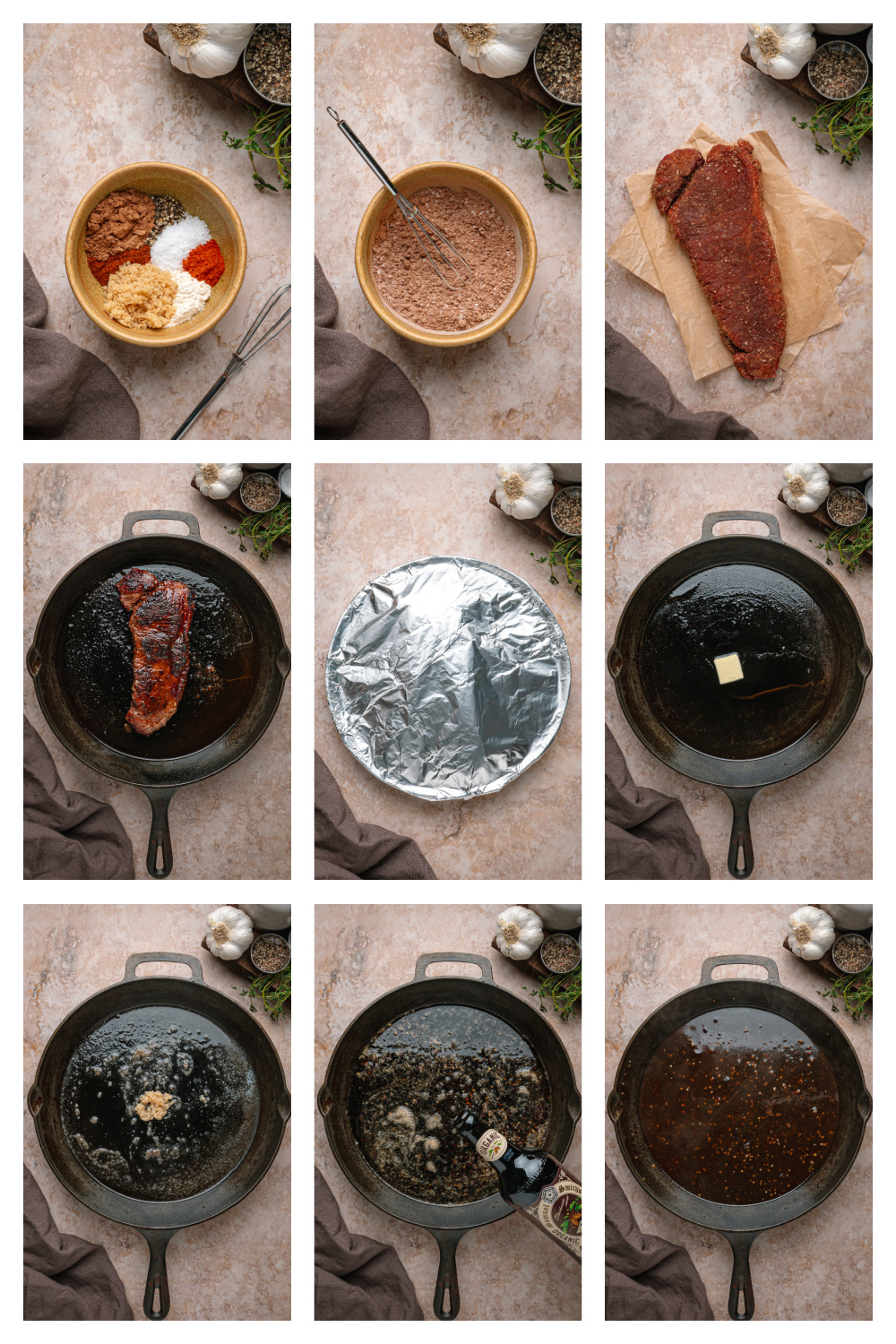 Process collage showing the cocoa spice rub, cast iron sear, stout sauce, and sliced steak.