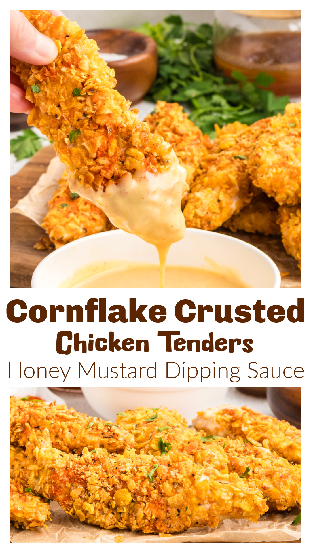 Cornflake Crusted Chicken Tenders baked until crispy and golden with a thick crunchy cornflake coating and homemade honey mustard dipping sauce. These crispy baked chicken tenders use crushed cornflakes for all those jagged crunchy edges across the outside instead of traditional breadcrumbs. Perfect for dinner, game day, appetizers, family meals, party food, or homemade chicken strips with extra crunch. Includes oven instructions, air fryer tips, and homemade honey mustard sauce. via @cmpollak1