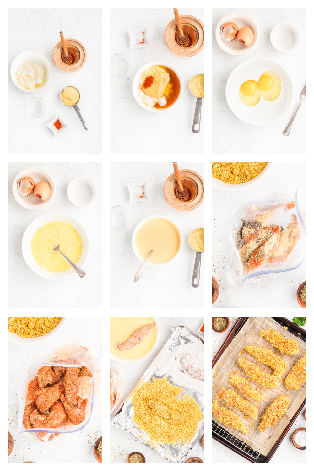 Process collage showing Cornflake Crusted Chicken Tenders being coated in flour, egg mixture, and crushed cornflakes before baking