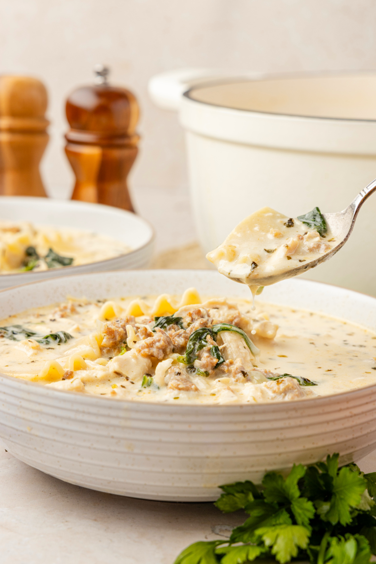 Creamy white chicken lasagna soup with ricotta, sausage, spinach, and lasagna noodles Creamy white chicken lasagna soup with sausage, spinach, ricotta, and lasagna noodles in a rich white broth