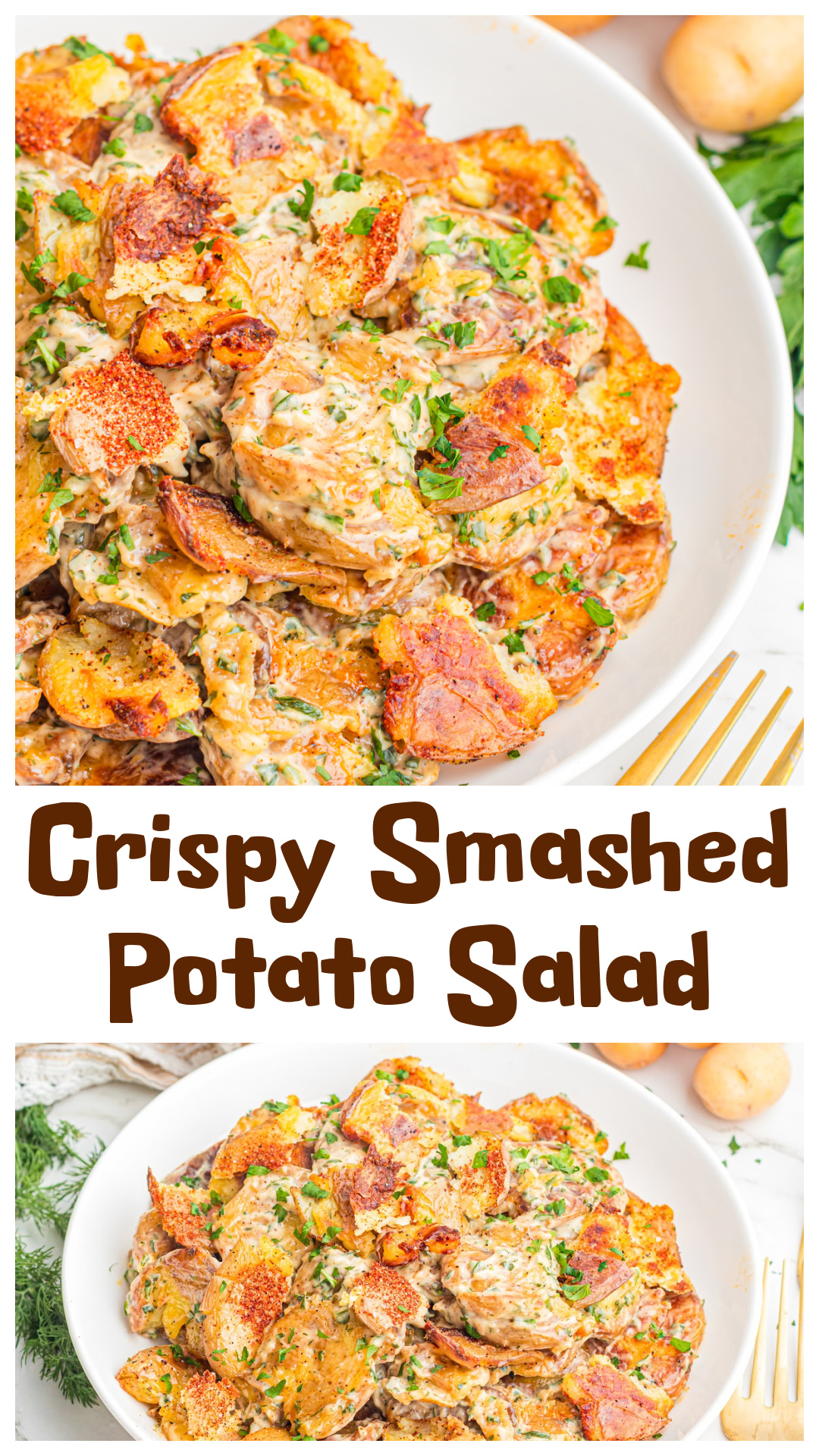 This Crispy Smashed Potato Salad combines golden roasted potatoes, crispy edges, fluffy centers, and a creamy lemon herb dressing with fresh dill and parsley. Part crispy sheet pan potatoes, part potato salad, this easy side dish brings real texture to grilled dinners, summer cookouts, fried chicken nights, and weeknight meals. A fresh take on potato salad that people get excited about. via @cmpollak1