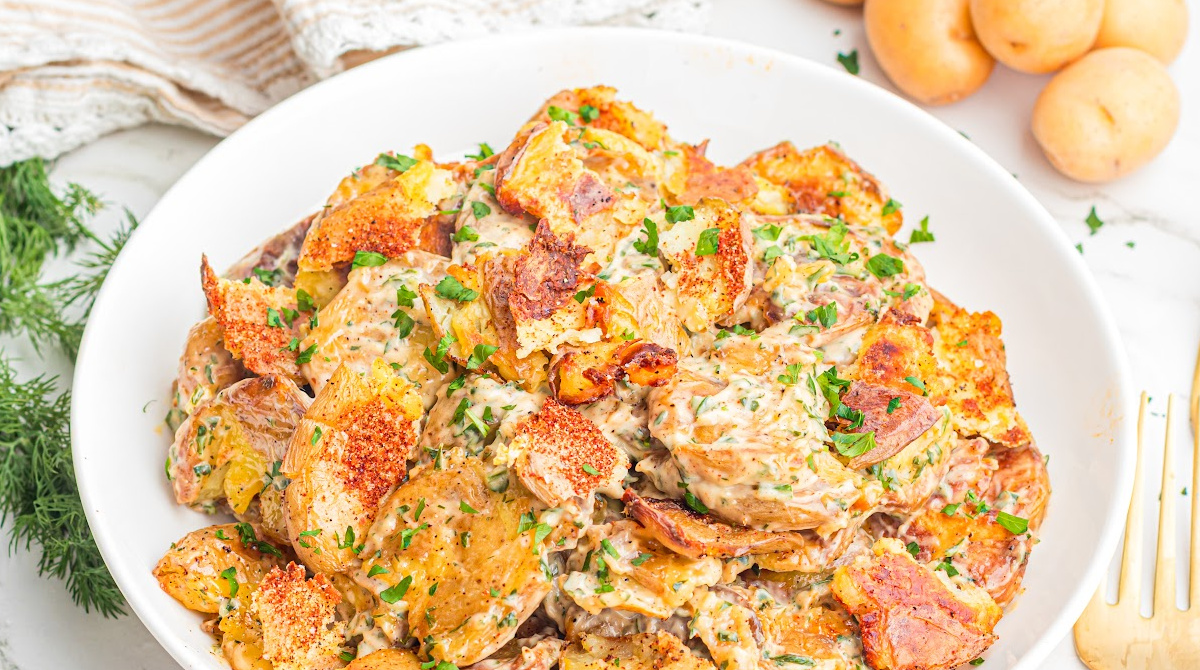 Crispy Smashed Potato Salad with Lemon Herb Dressing | Noble Pig
