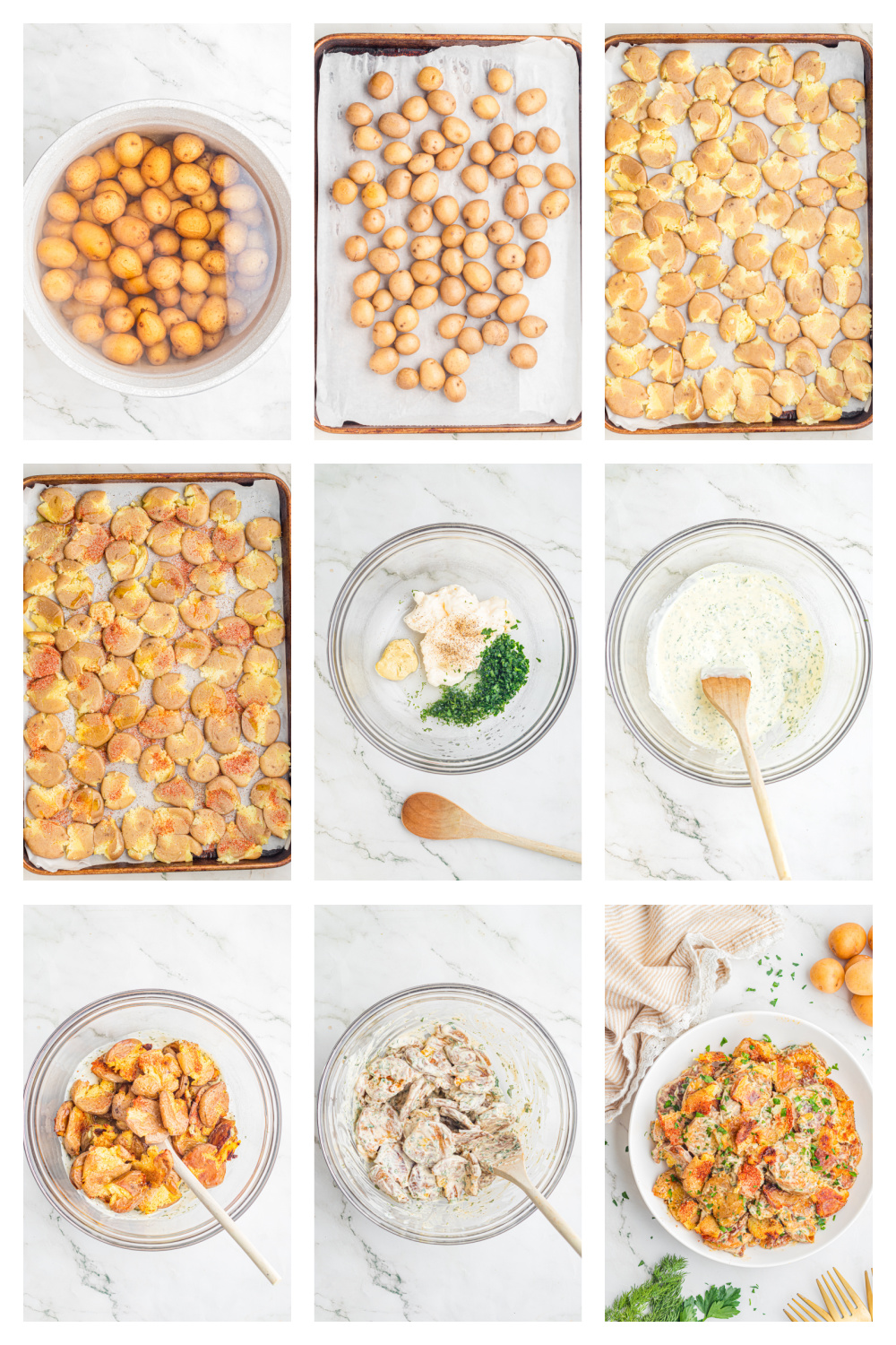 Process collage showing baby potatoes being boiled, smashed, roasted until crispy, and tossed with creamy lemon herb dressing for Crispy Smashed Potato Salad