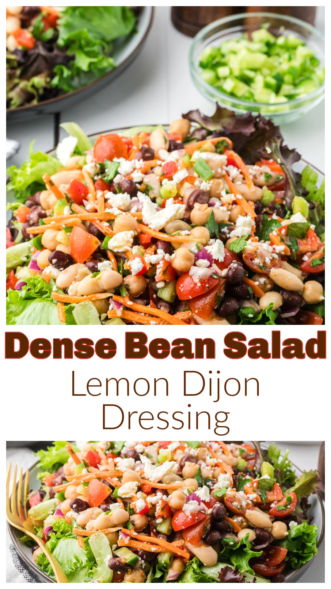This dense bean salad with lemon Dijon dressing is packed with chickpeas, black beans, cannellini beans, chopped vegetables, feta cheese, and a fresh homemade vinaigrette that keeps the salad tasting fresh for days. It’s the kind of high protein salad recipe that works for easy lunches, meal prep, summer dinners, picnics, and quick grab-and-go meals straight from the fridge. A chopped bean salad recipe that gets even better after chilling overnight. via @cmpollak1
