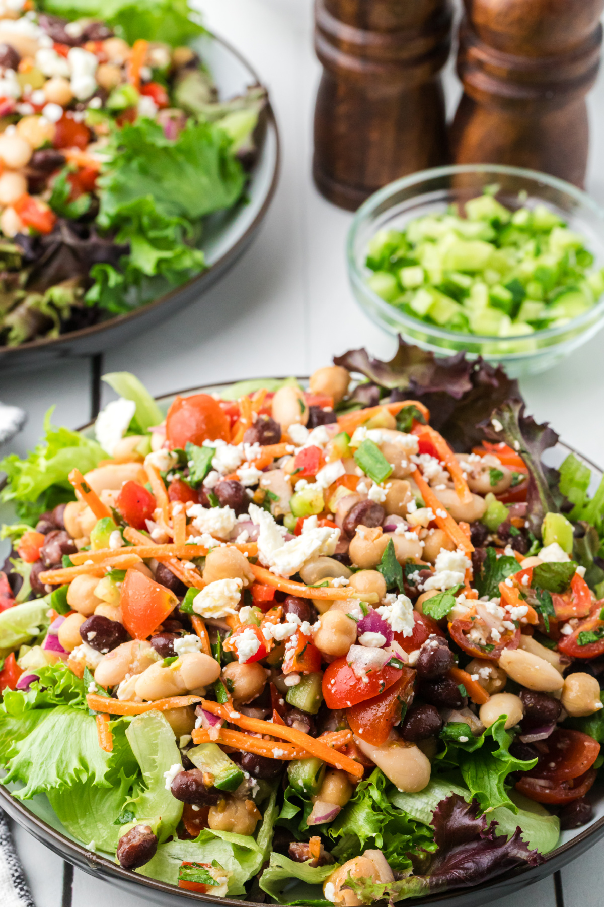 Dense bean salad with lemon Dijon dressing piled high with beans, feta, and chopped vegetables over crisp lettuce greens. Dense bean salad with lemon Dijon dressing served over lettuce with chickpeas, black beans, cannellini beans, feta, tomatoes, and chopped vegetables