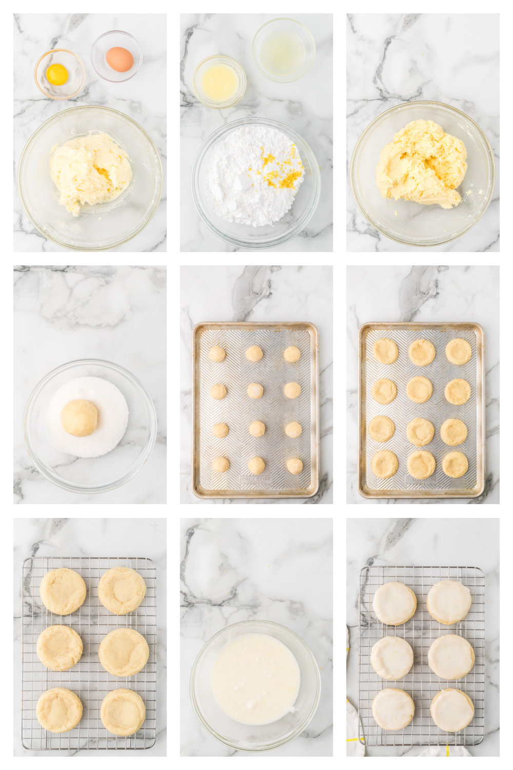 Process collage showing how to make glazed lemon sugar cookies from mixing the dough through glazing the baked cookies