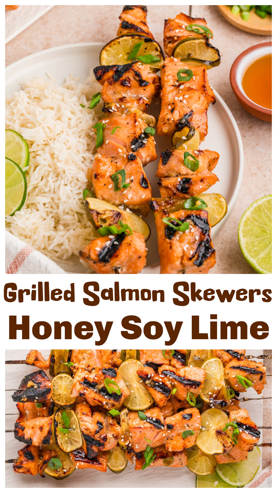 These grilled honey soy lime salmon skewers are smoky, caramelized, and packed with fresh lime, garlic, ginger, and soy flavor straight from the grill. The salmon stays tender while the edges pick up color and char from the honey marinade. Lime slices grilled between the salmon add fresh citrus flavor that keeps everything tasting light instead of overly heavy or sweet. Serve these salmon skewers with rice, grilled vegetables, or a cold drink outside on a warm night. via @cmpollak1