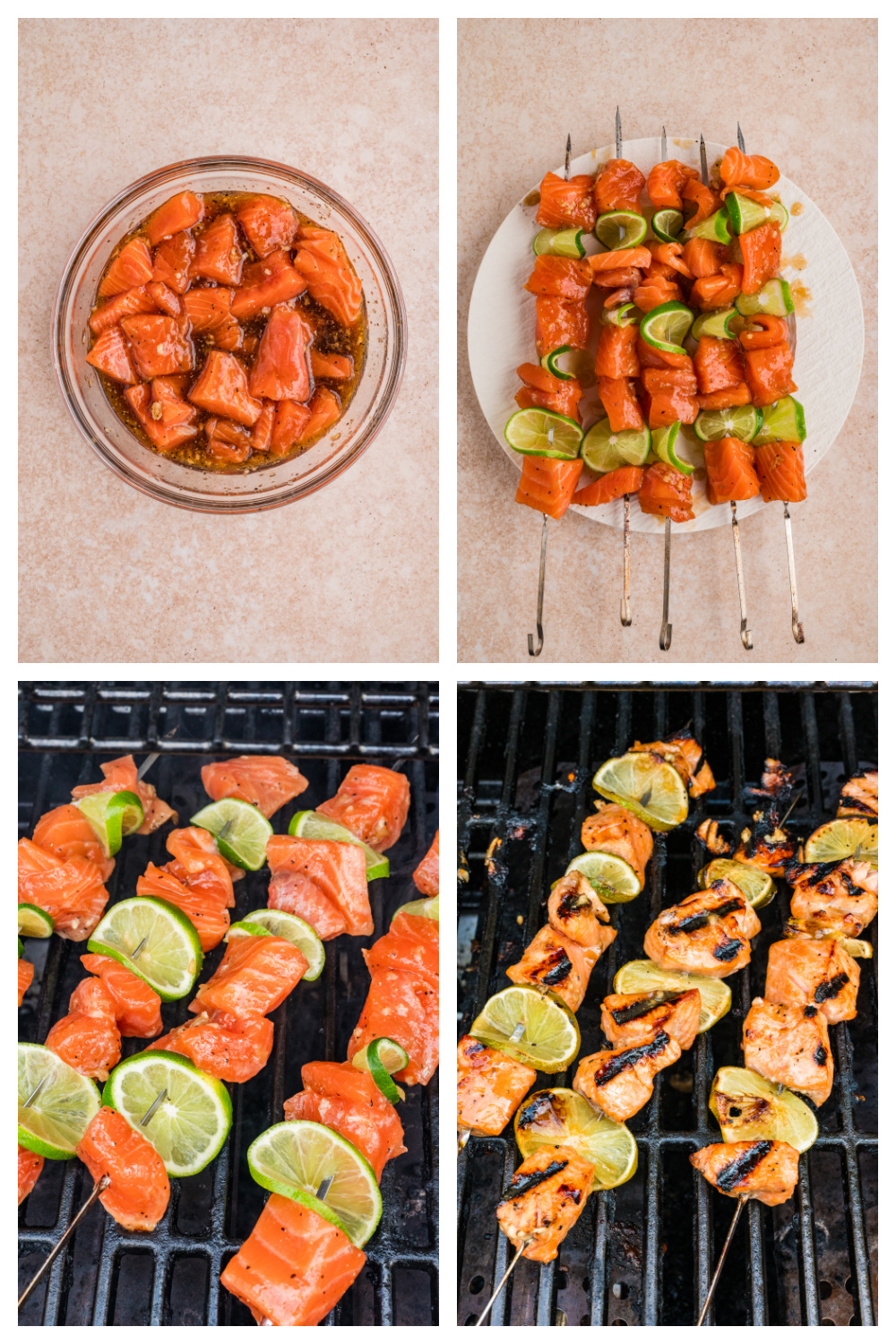 Process collage showing grilled honey soy lime salmon skewers being marinated, assembled with lime slices, and grilled until caramelized.