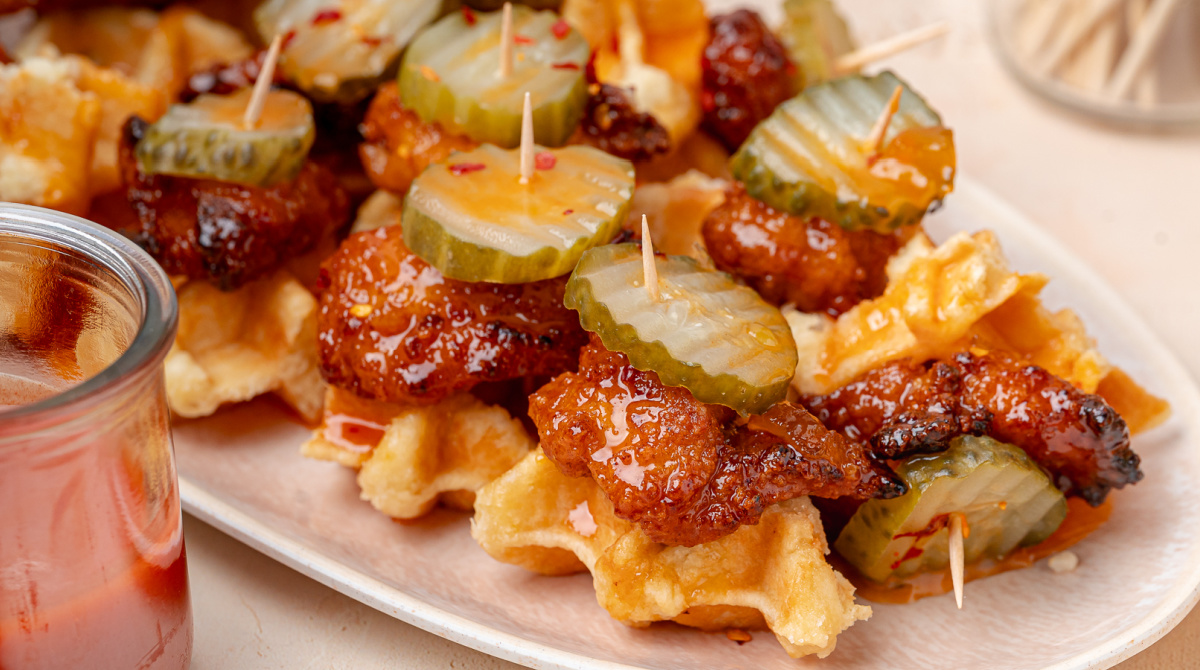 Hot Honey Peach Chicken and Waffle Bites