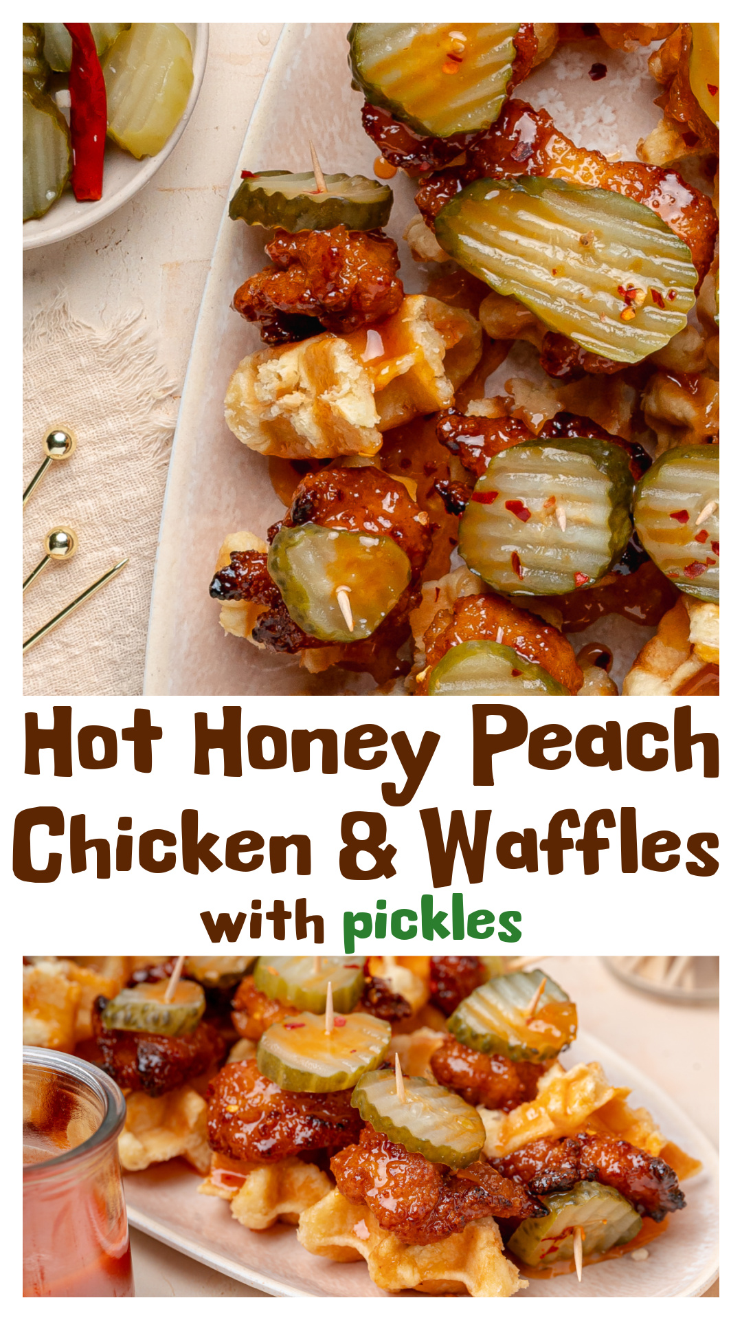 Hot honey peach chicken and waffle bites turn chicken and waffles into the ultimate party appetizer. Crispy chicken gets coated in a sticky peach hot honey glaze, stacked onto buttery Liege waffles, and topped with dill pickle chips for the perfect sweet, spicy, salty, and tangy bite. Easy enough for game day, summer parties, tailgates, brunch gatherings, and holiday appetizers, these bite-sized chicken and waffle skewers go quick. via @cmpollak1