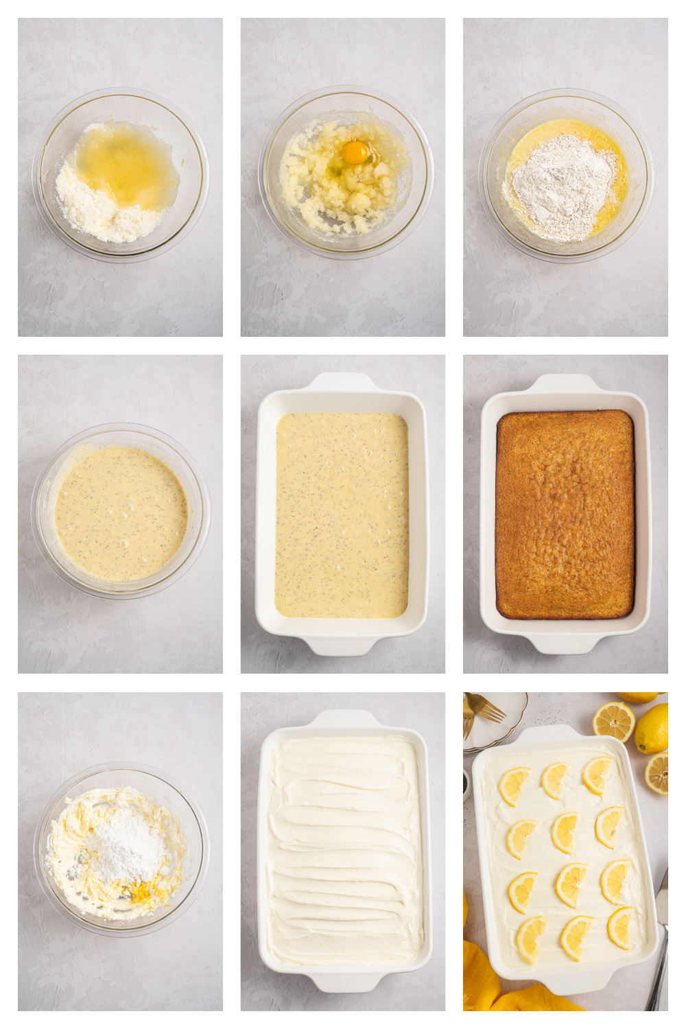 Steps showing how to make lemon poppy seed cake including mixing batter, preparing the pan, and baking