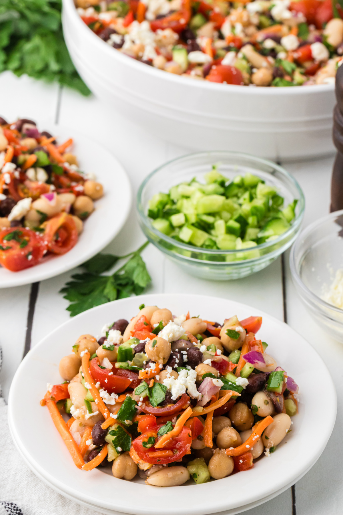 Plate of make-ahead bean salad with feta and chopped vegetables served cold for an easy lunch straight from the fridge. Make-ahead bean salad lunch with chickpeas, black beans, cannellini beans, feta cheese, cucumber, tomatoes, and parsley