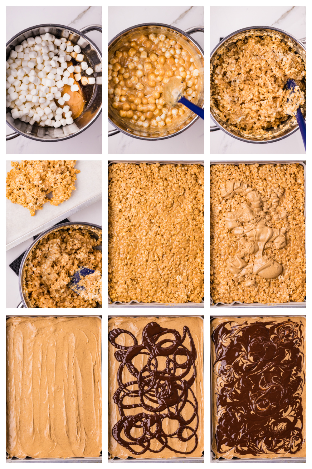Process collage showing how to make marbled peanut butter crunch bars from melted marshmallow mixture to chocolate swirl topping