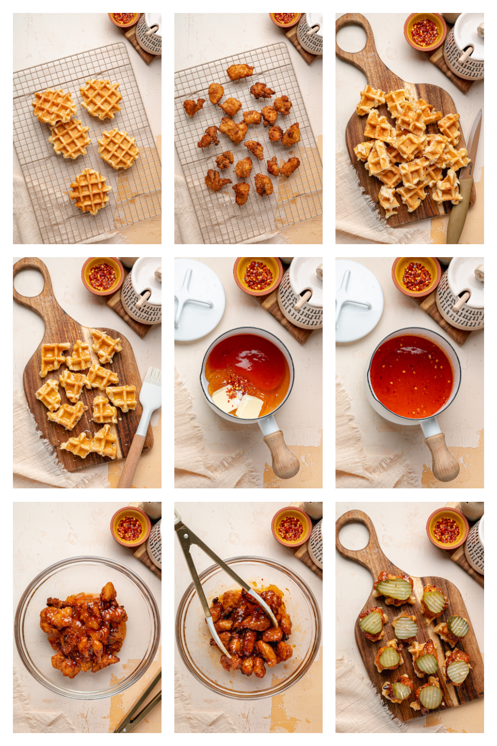 Peach Hot Honey Chicken Bites Process Process collage showing peach hot honey chicken bites being glazed, assembled on Liege waffles, and topped with dill pickle chips.