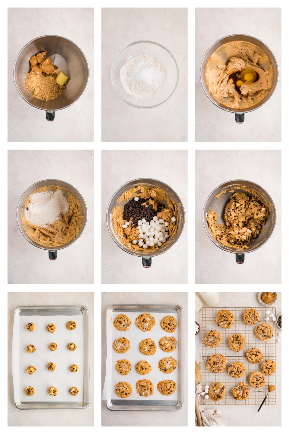 How to Make Peanut Butter Marshmallow Cookies Peanut butter cookie dough being mixed, scooped, chilled, and baked into marshmallow chocolate chip cookies.