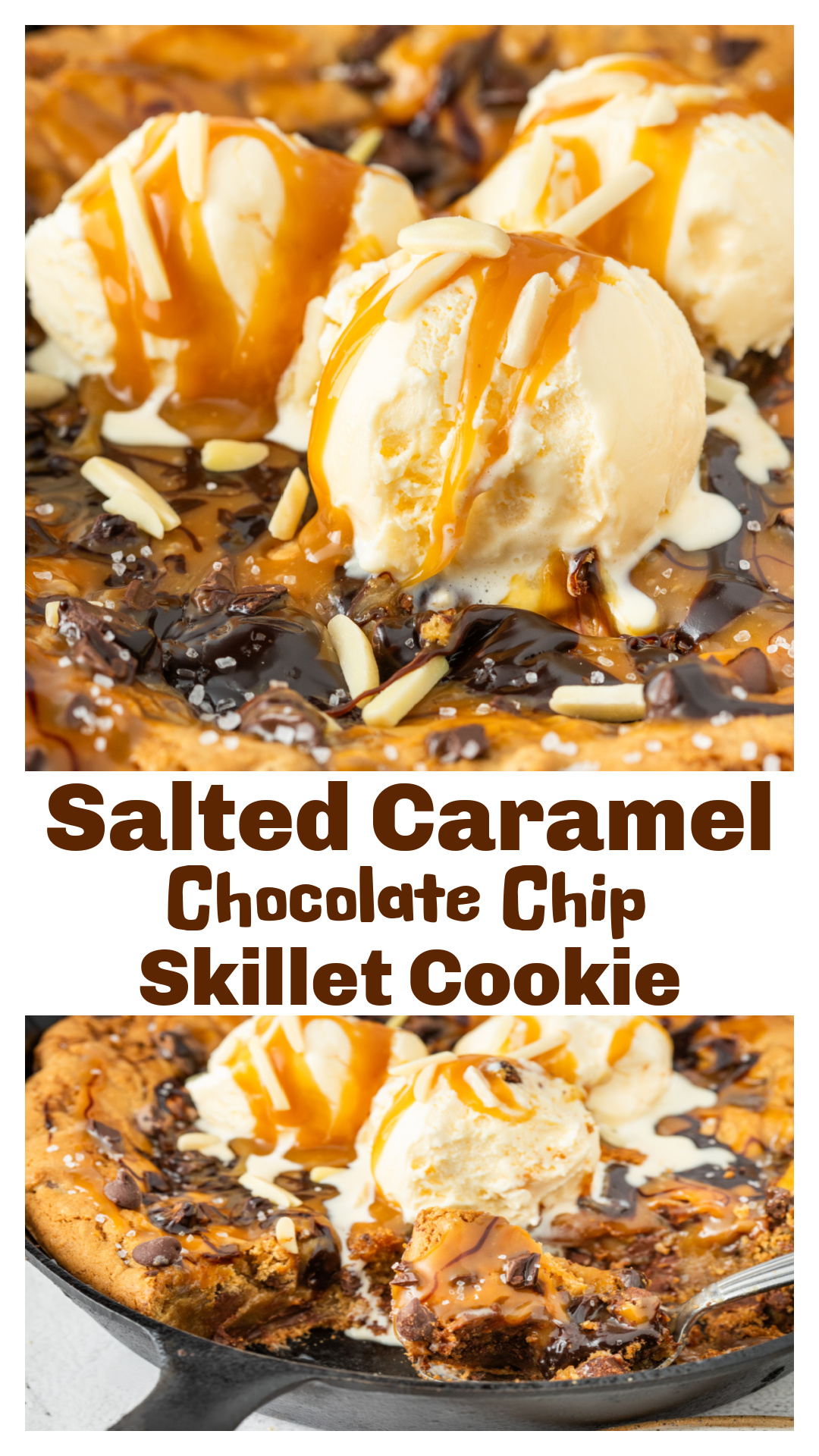 This salted caramel chocolate chip skillet cookie bakes up with crisp golden edges, a gooey lava-style center, and molten salted caramel layered straight through the middle. Serve it warm with melting vanilla ice cream, chocolate sauce, extra caramel, and flaky sea salt for the kind of cast iron dessert that immediately turns into a spoon situation. Part skillet cookie, part molten caramel dessert, and fully committed to dessert theater from the first scoop. via @cmpollak1