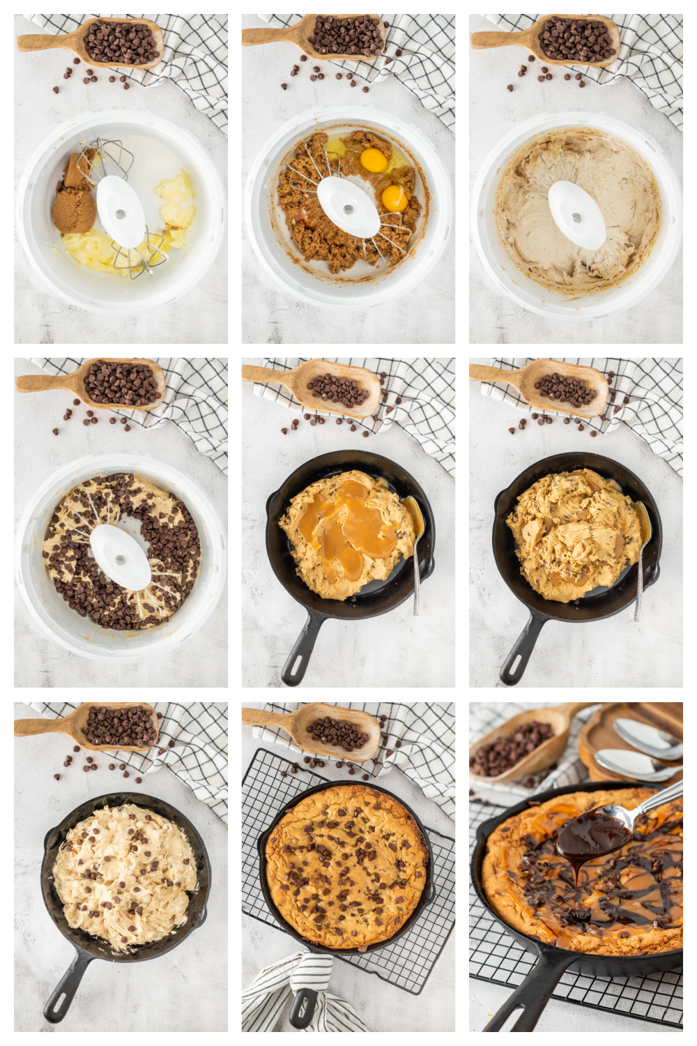 Process collage showing dough layering, salted caramel sauce, cast iron skillet baking, and the gooey molten center of a salted caramel skillet cookie.