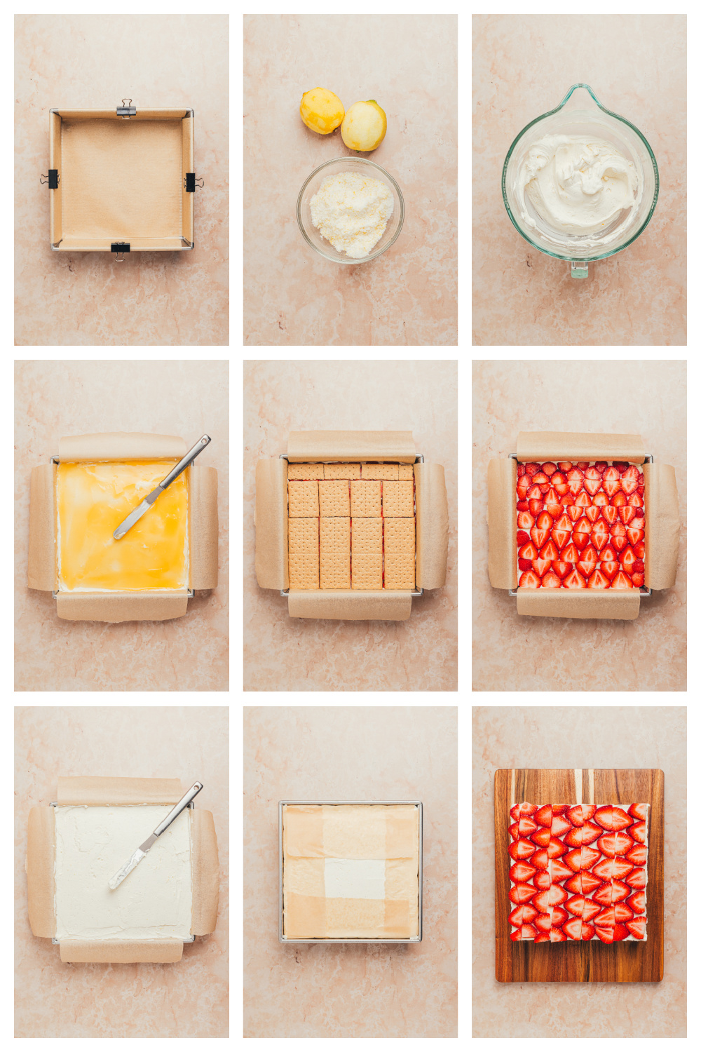 Process collage showing layers of mascarpone cream, lemon curd, graham crackers, and strawberries being assembled for strawberry lemon icebox cake.