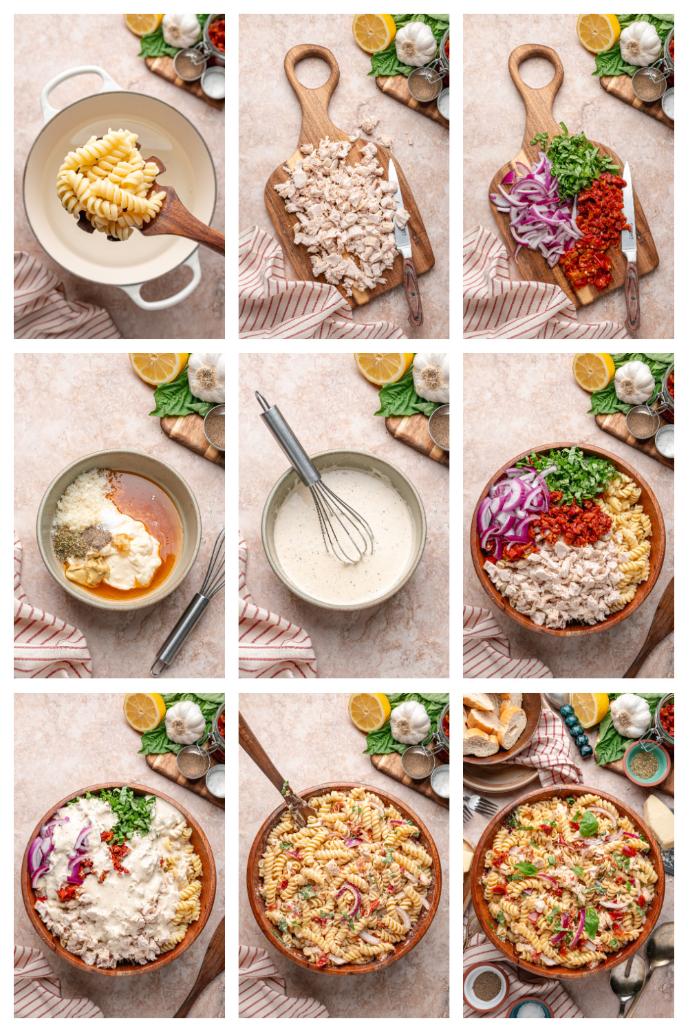 Process collage showing pasta cooking, dressing being whisked, and Sun-Dried Tomato Chicken Pasta Salad being mixed together